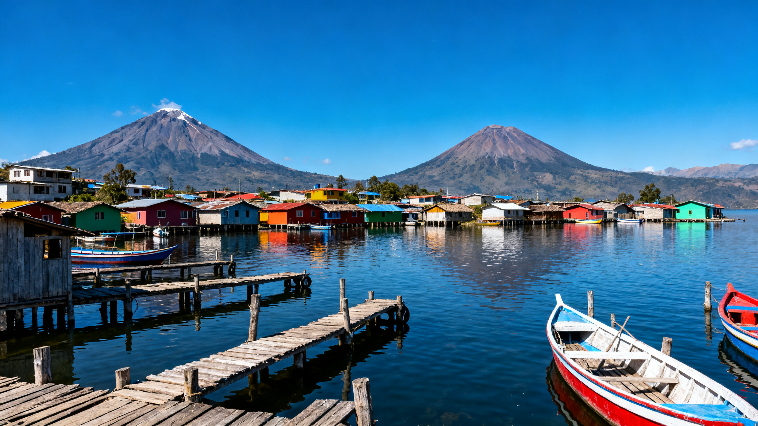 A colorful lakeside village with wooden docks and boats on the water, surrounded by volcanoes under a bright blue sky