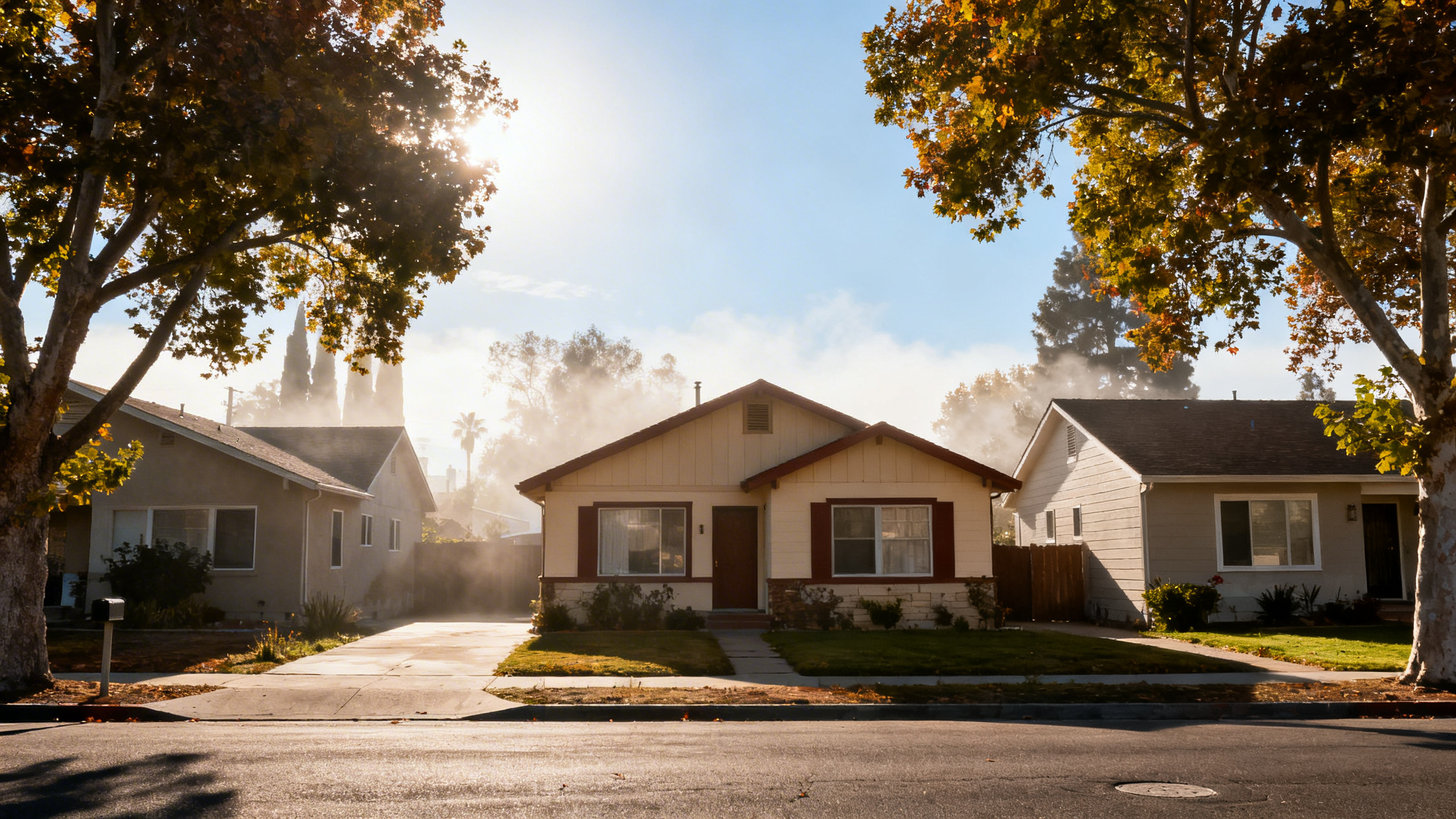 Suburban neighborhoods with ranch-style homes framed by leafy streets in Sacramento with sunny skies overhead.