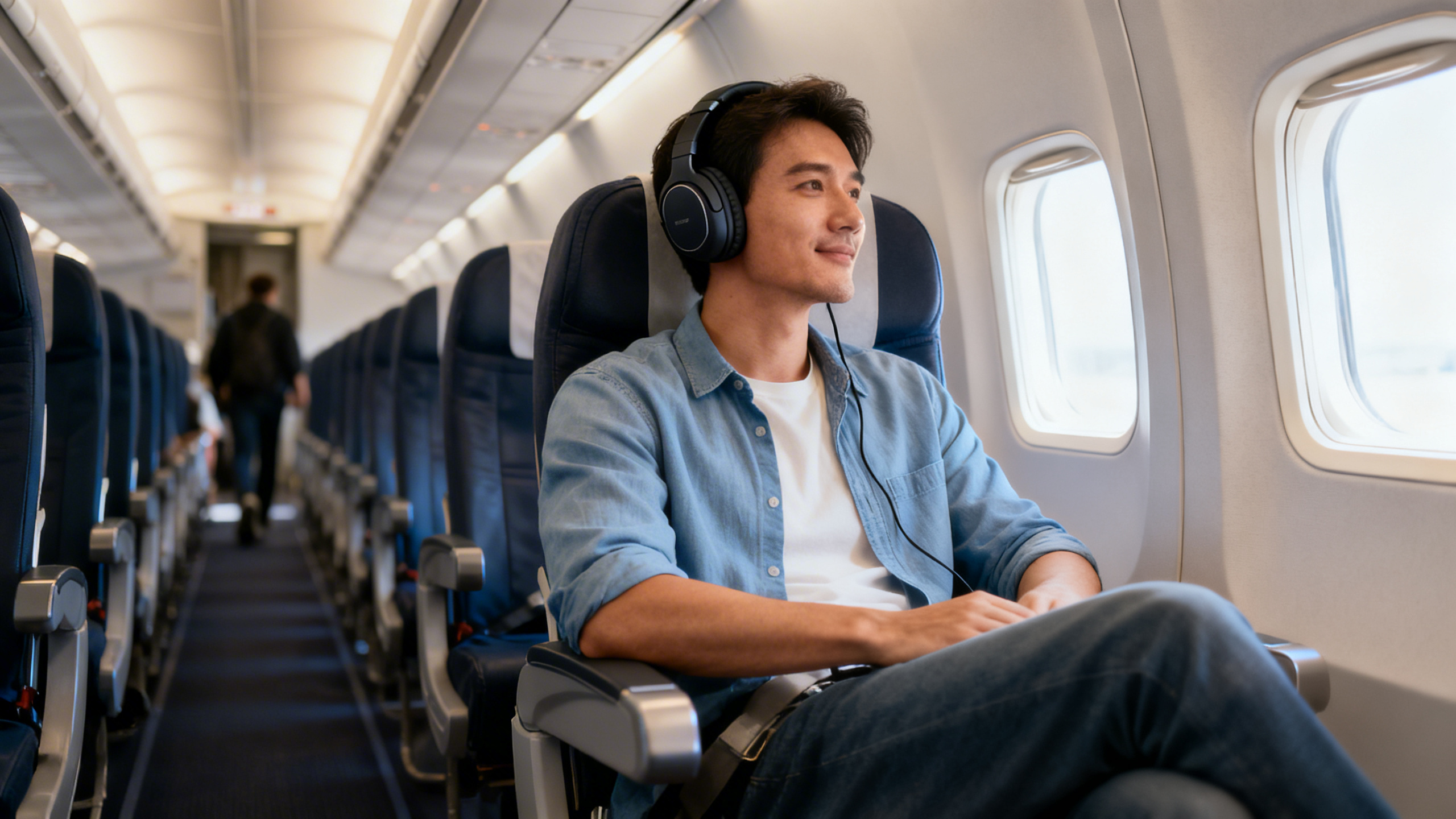 Passenger relaxing with large noise-canceling headphones on an airplane during daytime flight