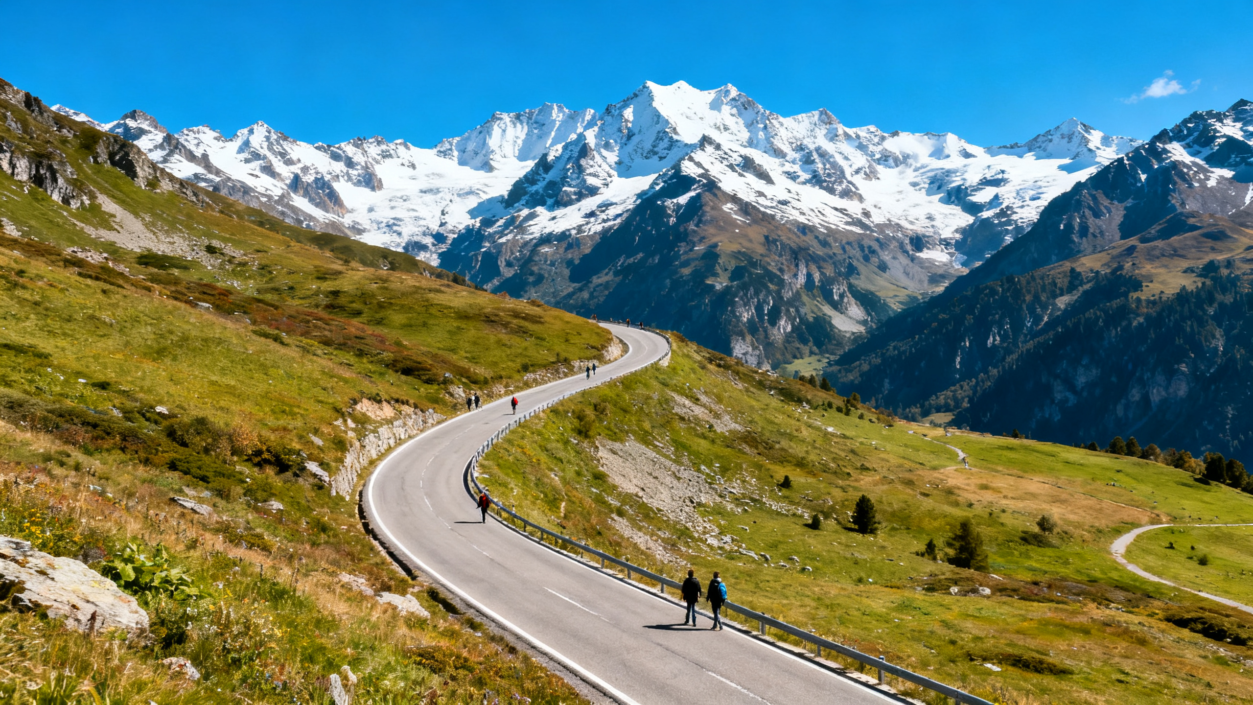 A high mountain road snaking through snow-capped peaks and alpine meadows beneath a bright blue sky.