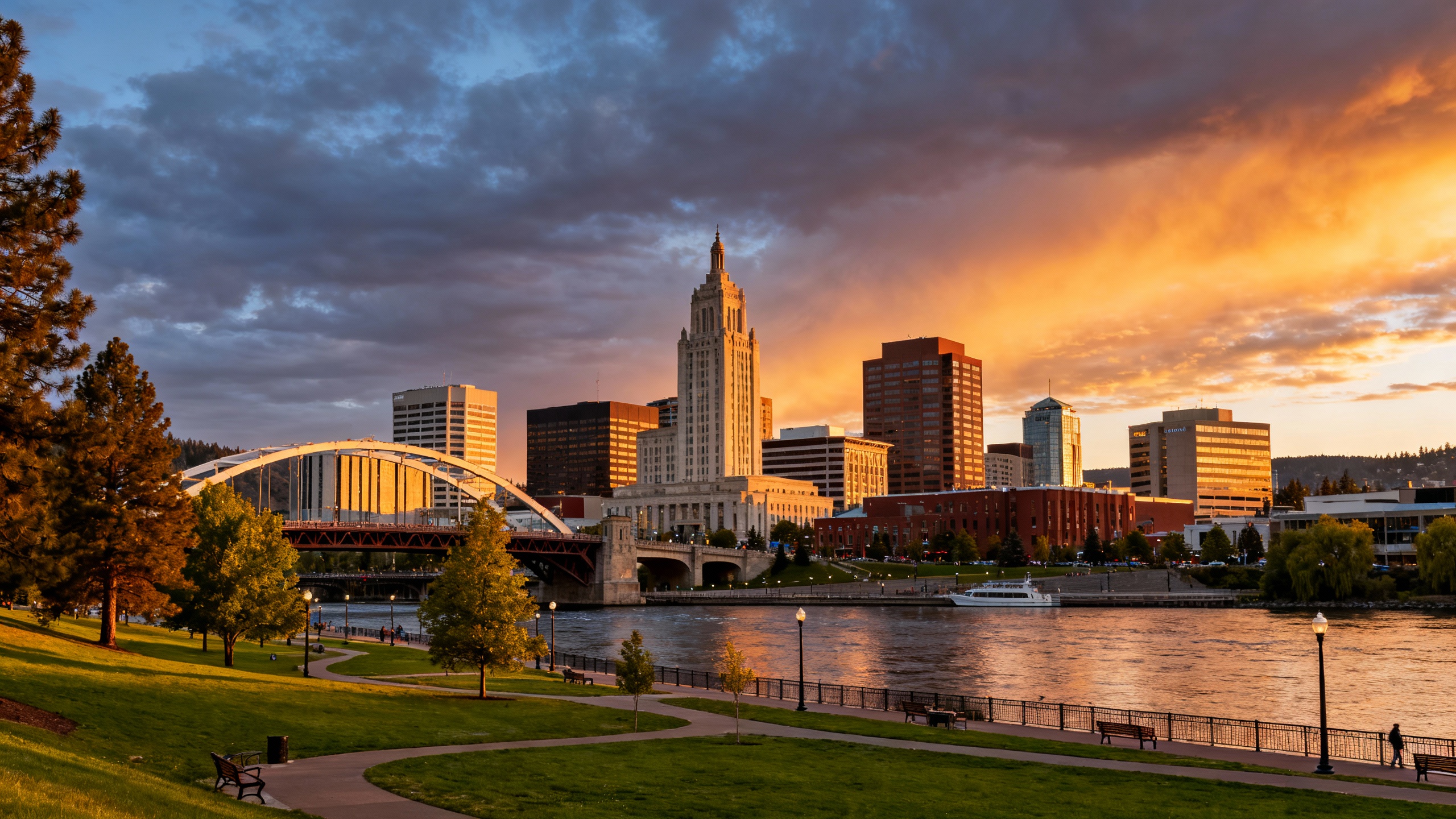 Spokane, Washington riverfront park with city buildings