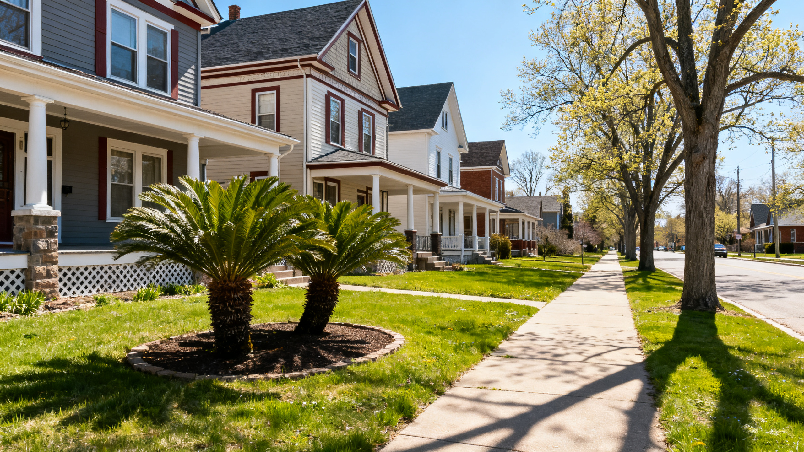 Quiet tree-lined street with historic homes and cycads under a bright spring sky in Kalamazoo neighborhood