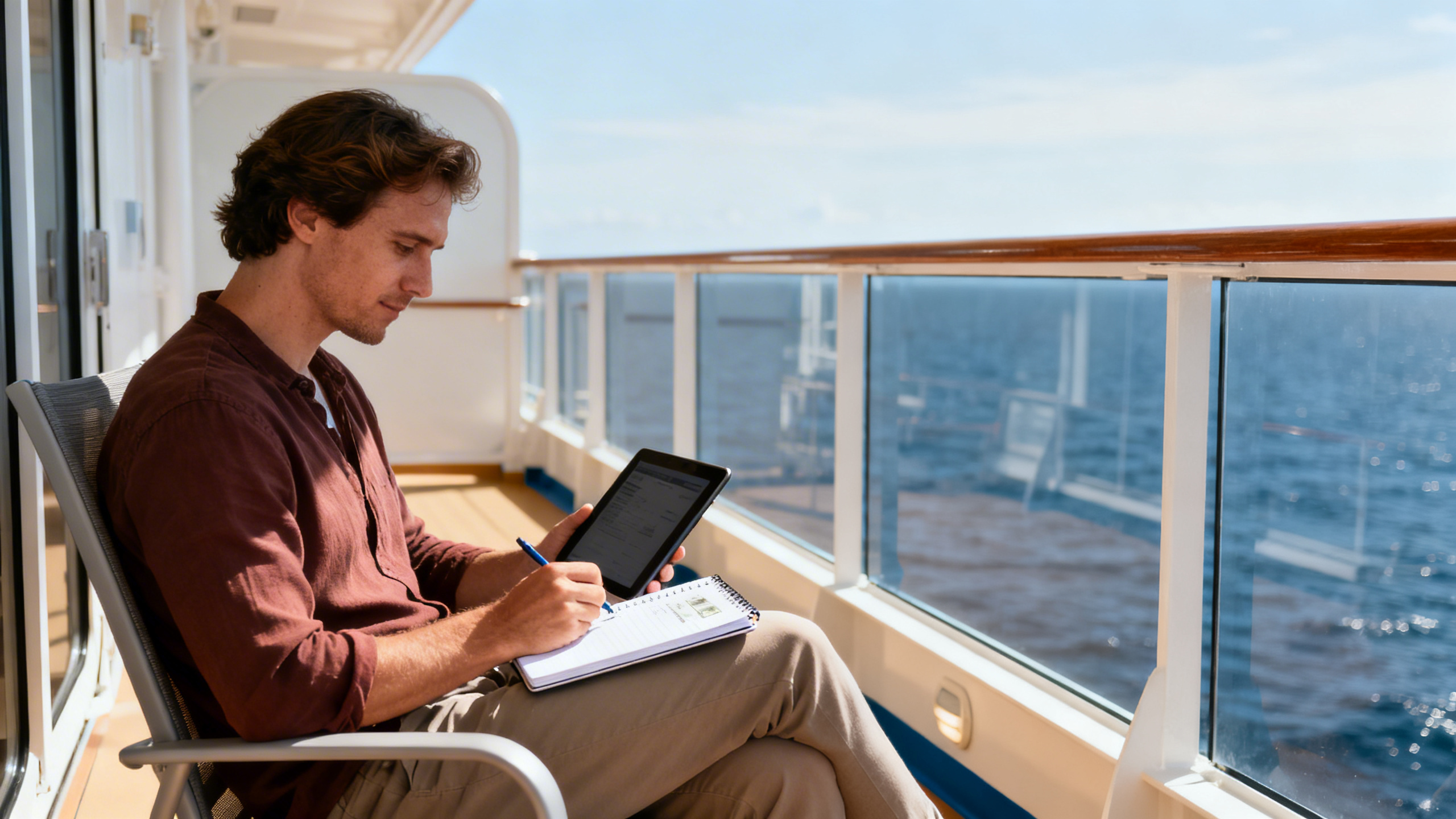 A traveler sitting on a cruise ship balcony with a tablet and notebook, planning expenses