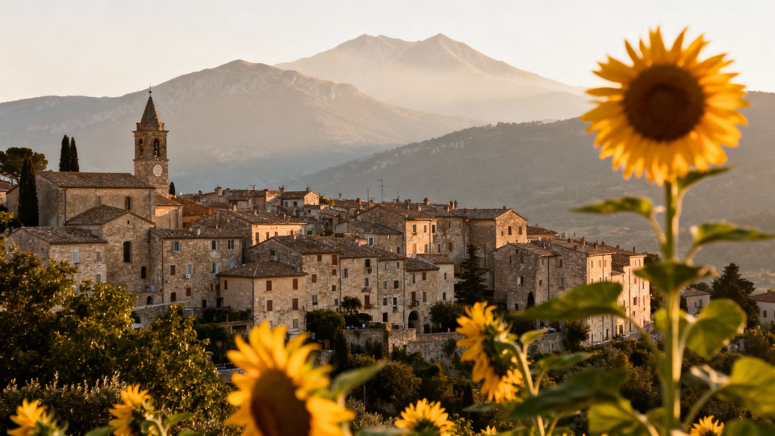 Umbria Italy stone town sunflowers mountains