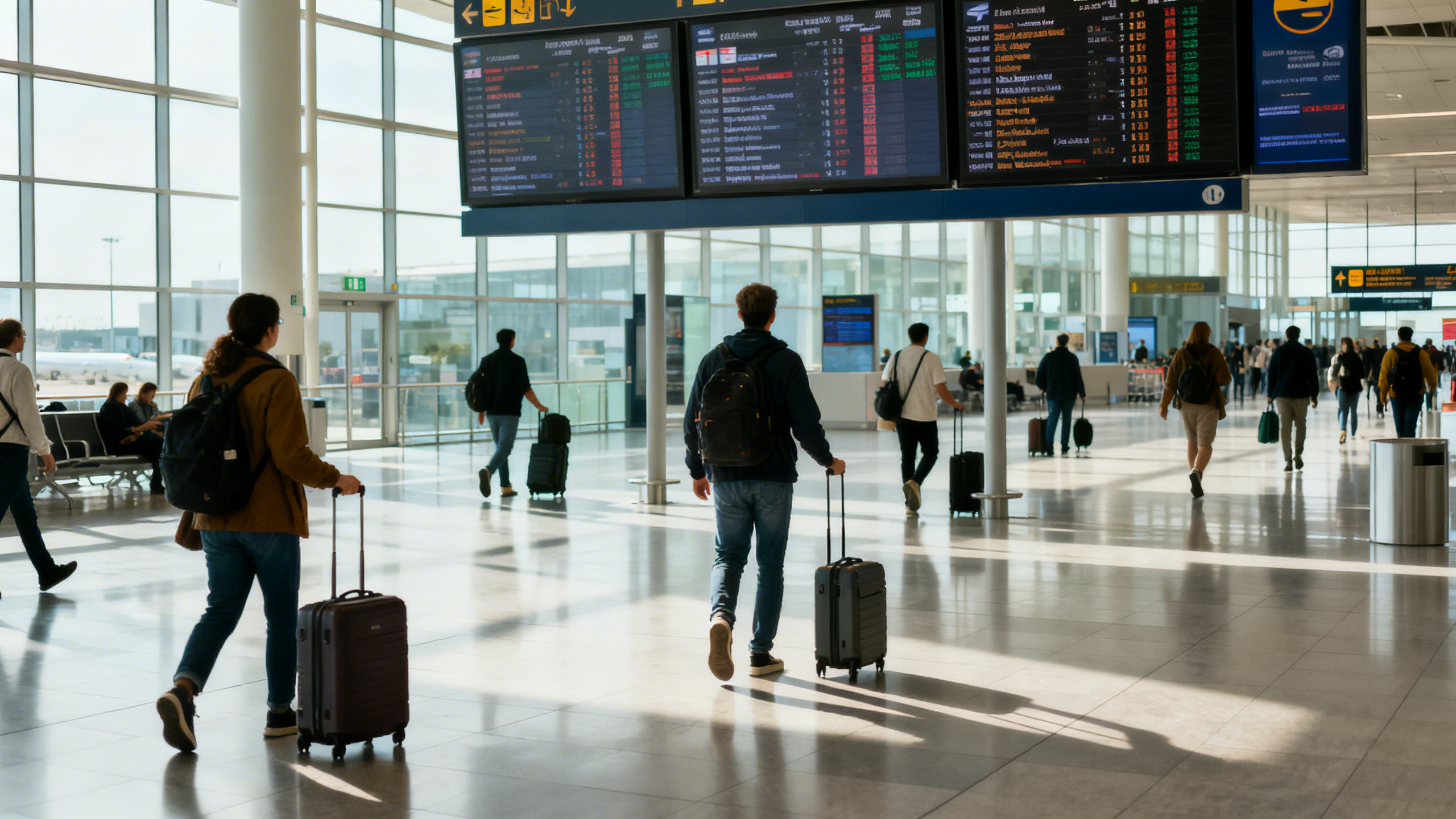 Busy airport departure hall with flight information screens and travelers walking with luggage