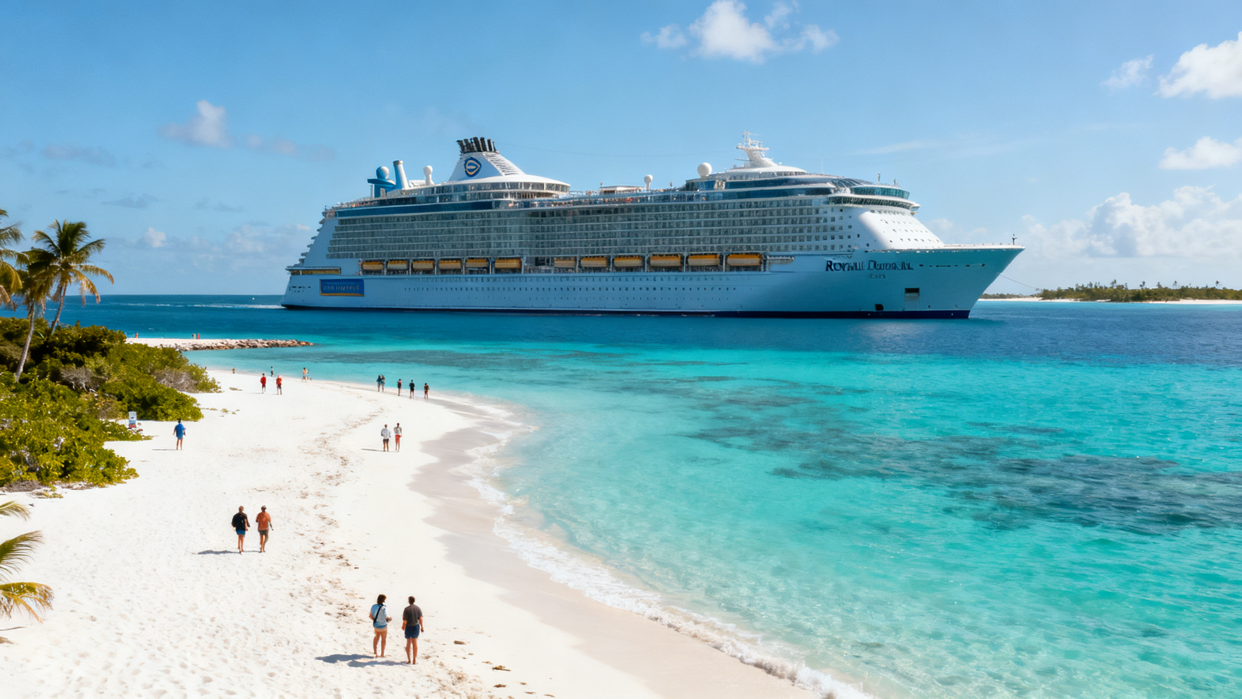 A massive Royal Caribbean cruise ship anchored near a tropical private island lined with white sand beaches and turquoise waters under sunny skies.