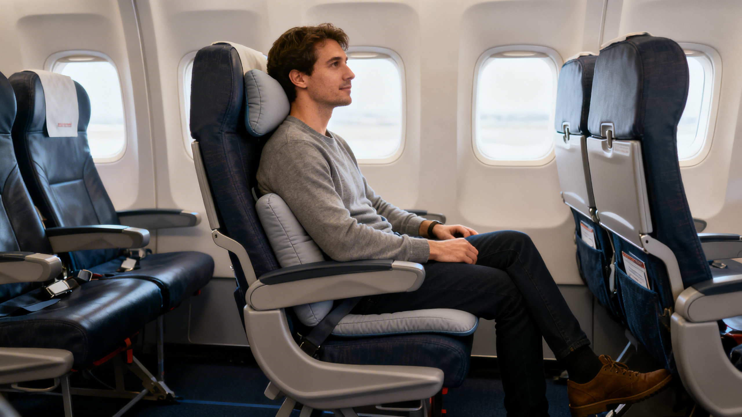 Traveler sitting on an airplane seat with a portable cushion supporting their lower back and hips