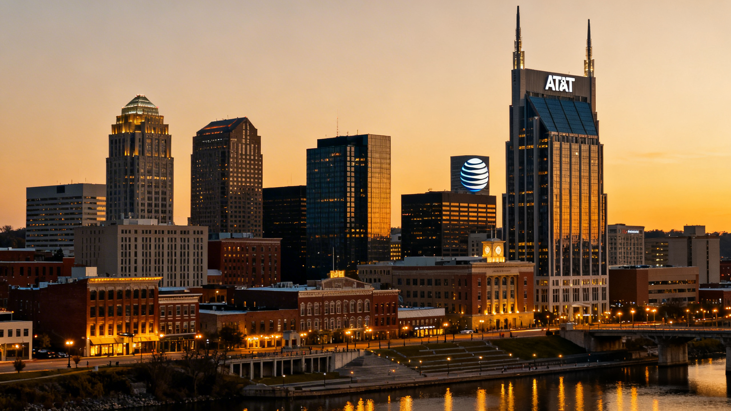 Downtown Nashville skyline featuring modern skyscrapers and the iconic AT&T Building at twilight with city lights