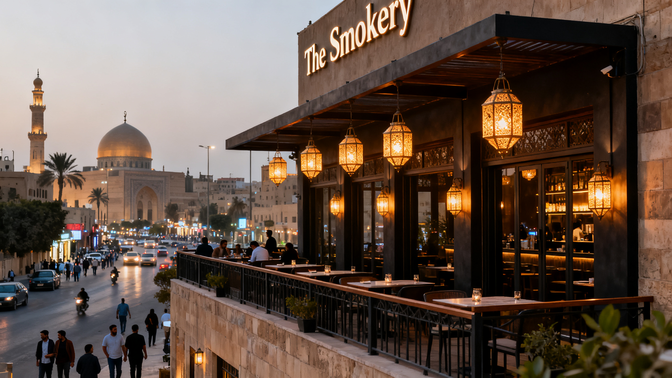 Contemporary restaurant exterior of The Smokery with glowing lanterns and an outdoor patio overlooking a bustling Cairo street after dusk