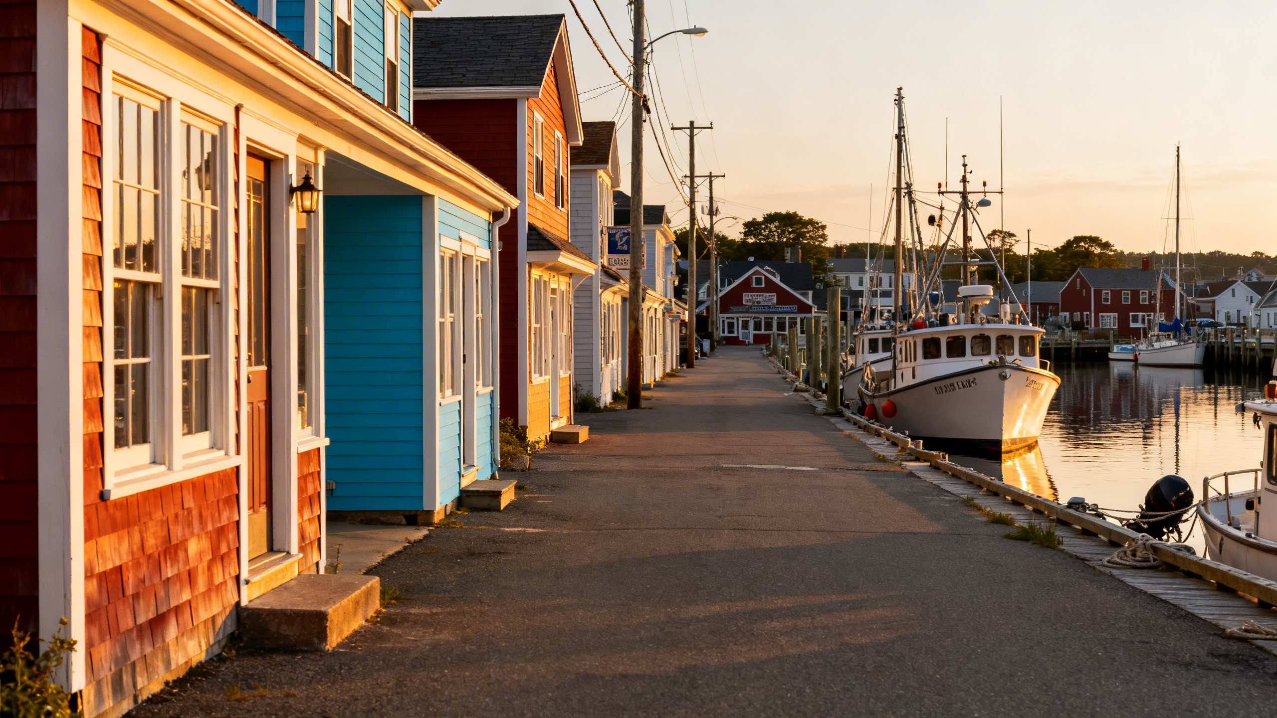 Coastal fishing town streets lined with colorful small shops and boats docked at a quiet marina in Rockport.