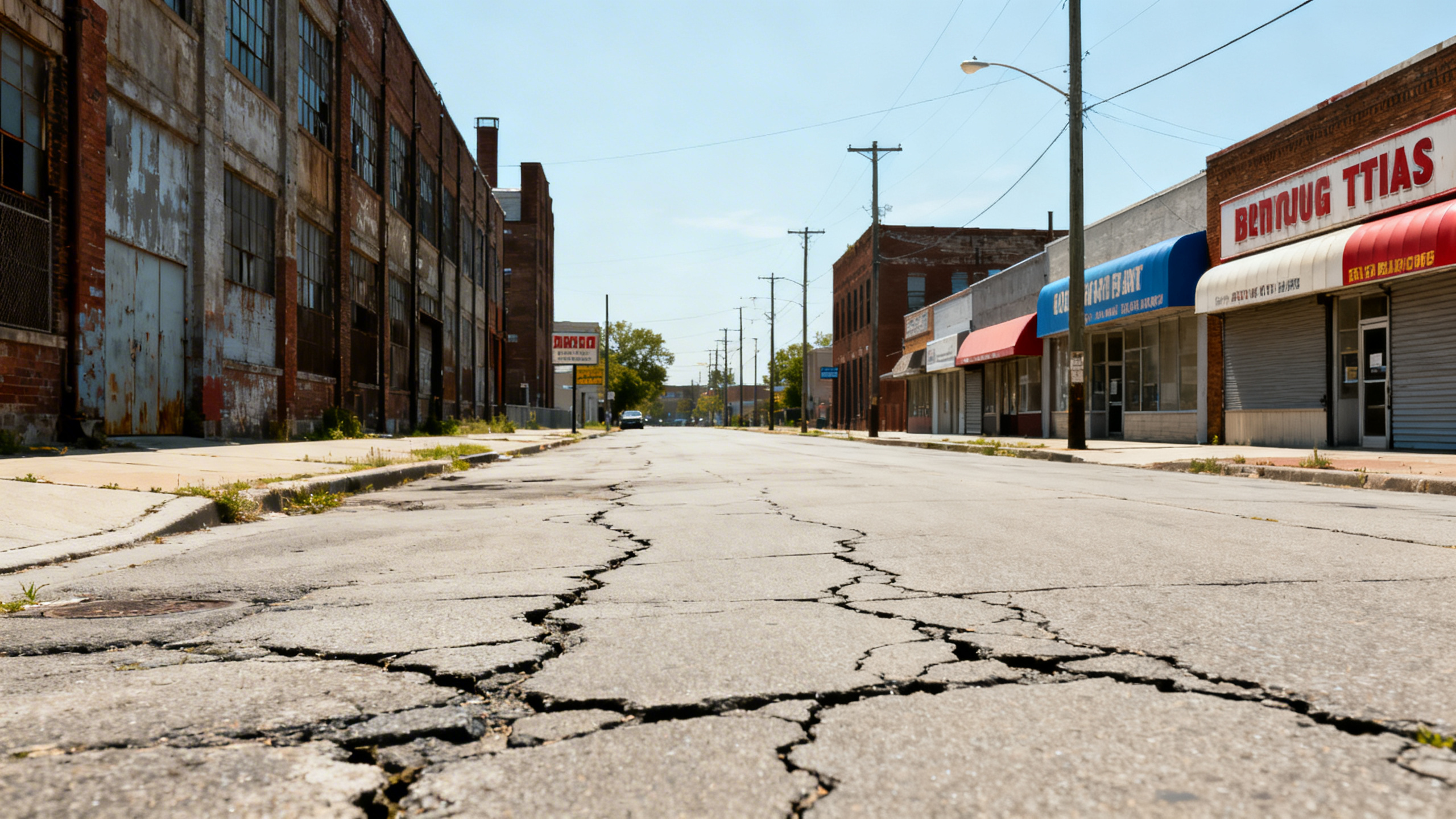 Old industrial warehouses and retro storefronts line the cracked streets of a working-class Detroit neighborhood