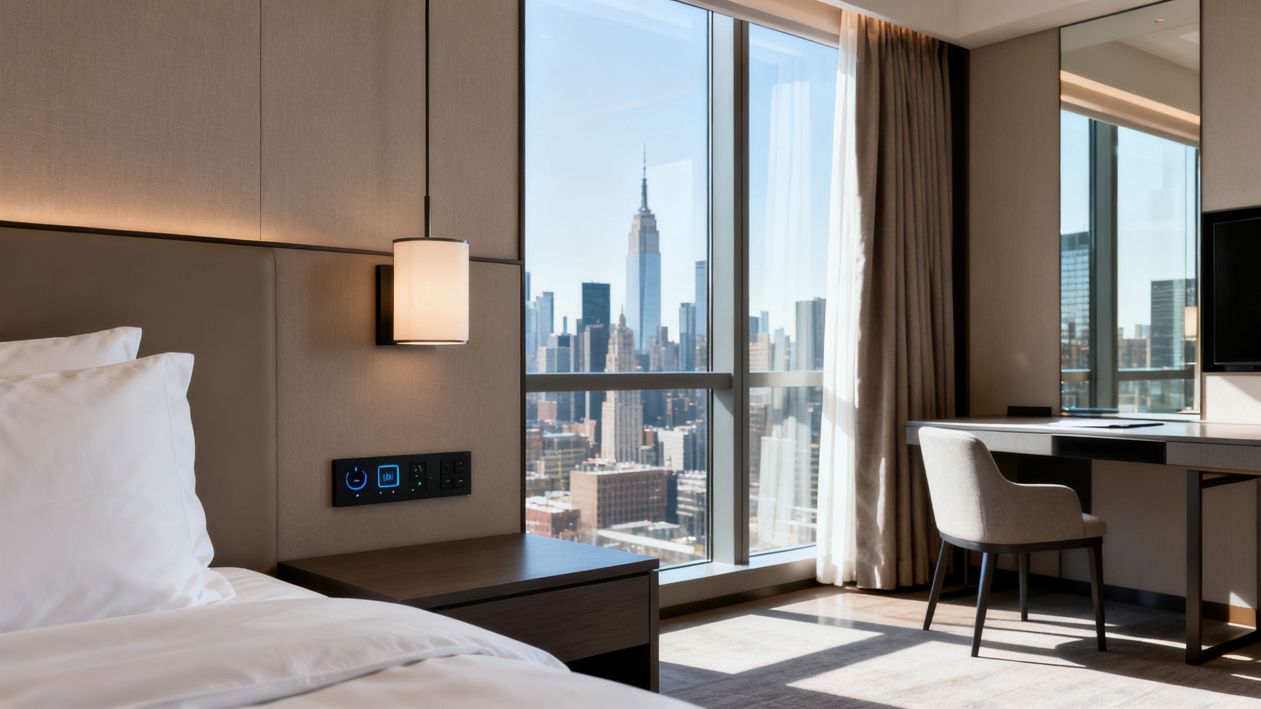 Modern hotel room with smart lighting, automated curtains, and a city skyline visible through large windows.