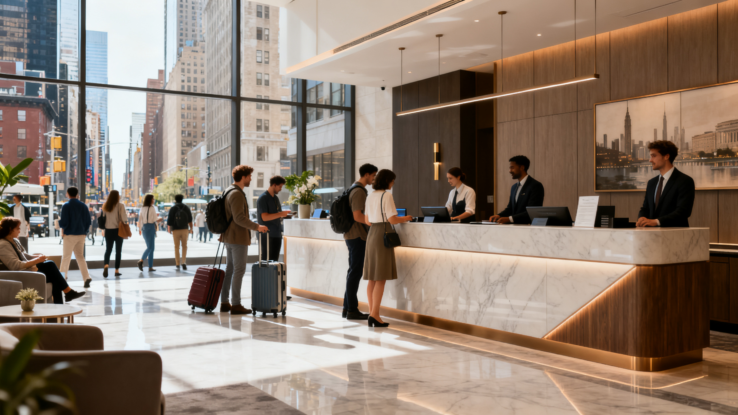 A sleek hotel lobby with a modern check-in desk bustling with guests in an urban city environment.