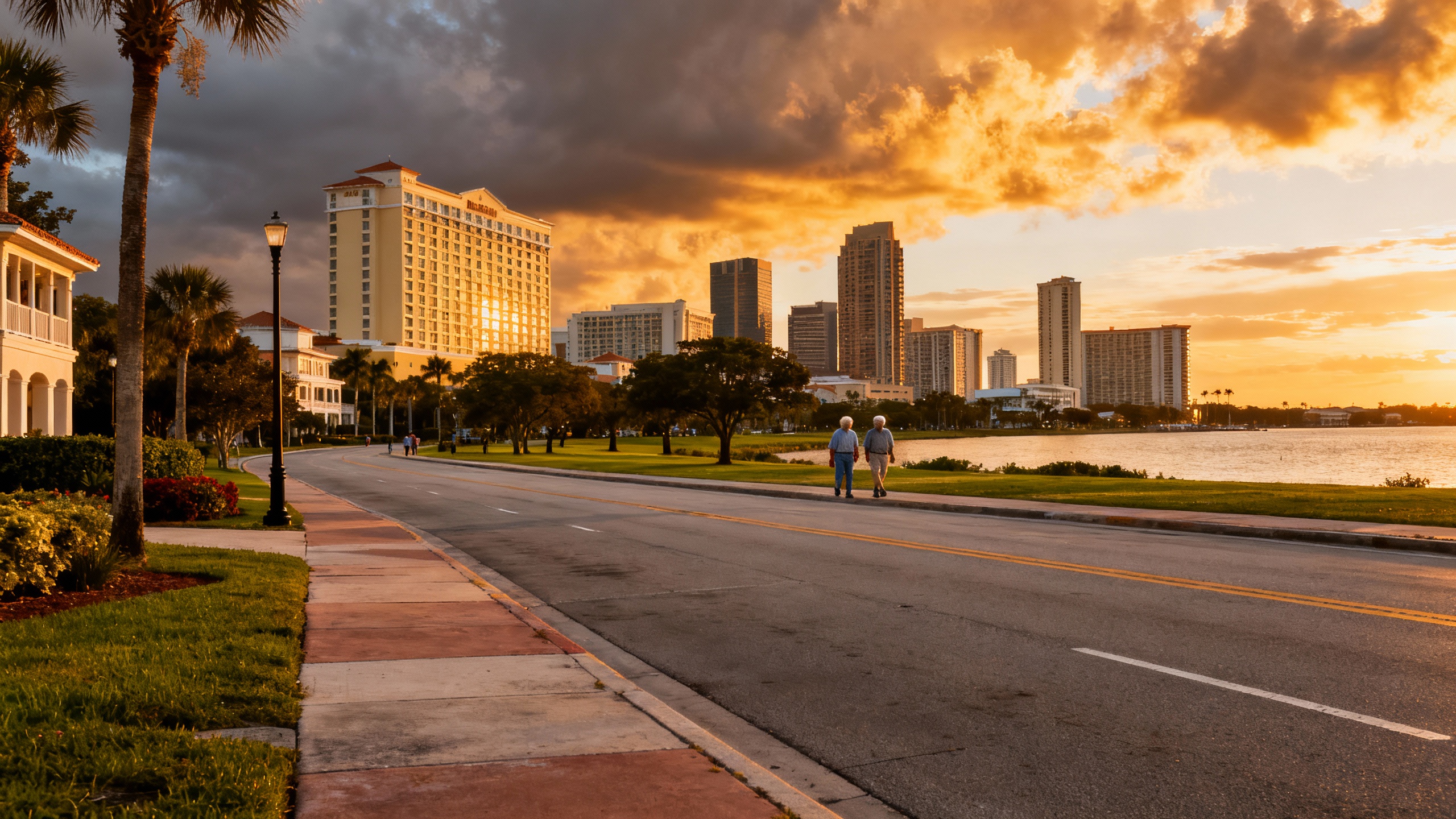 quiet US retirement city street with senior pedestrians and urban hotels