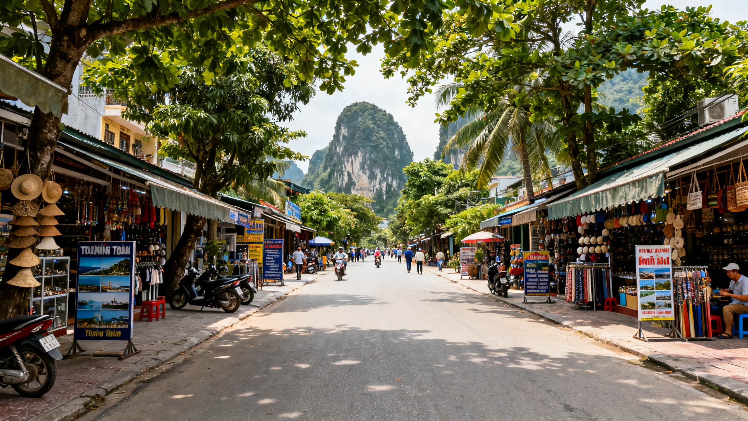 A busy street in Phong Nha lined with souvenir shops and tour agencies under tropical trees, with limestone karsts looming in the distance