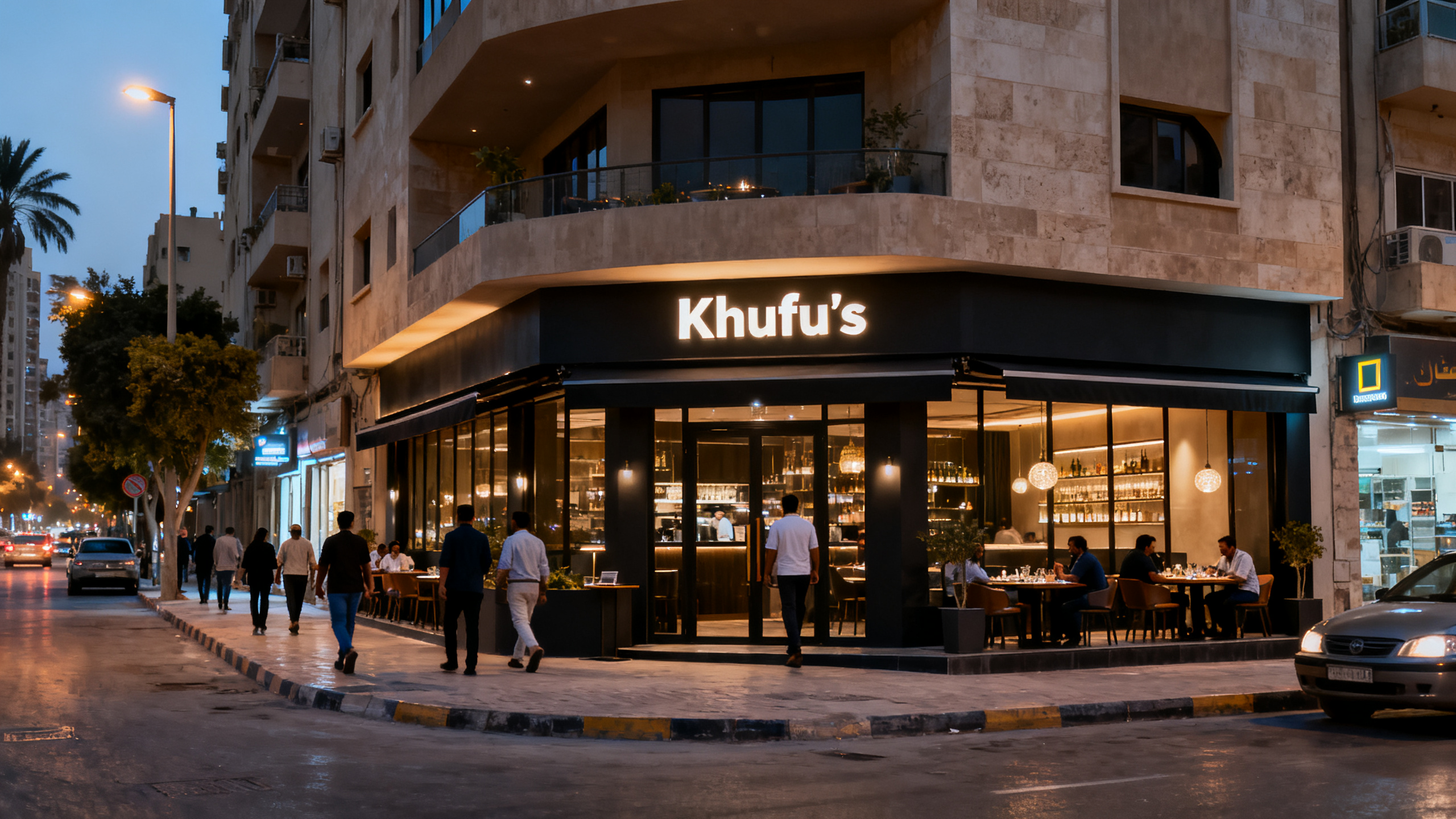 Modern restaurant exterior of Khufu’s in a sleek urban Cairo neighborhood with evening city lights and patrons arriving