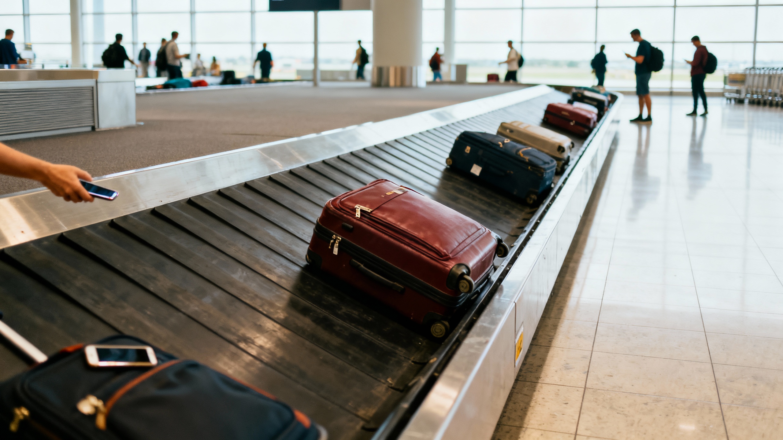 checked luggage at airport conveyor belt