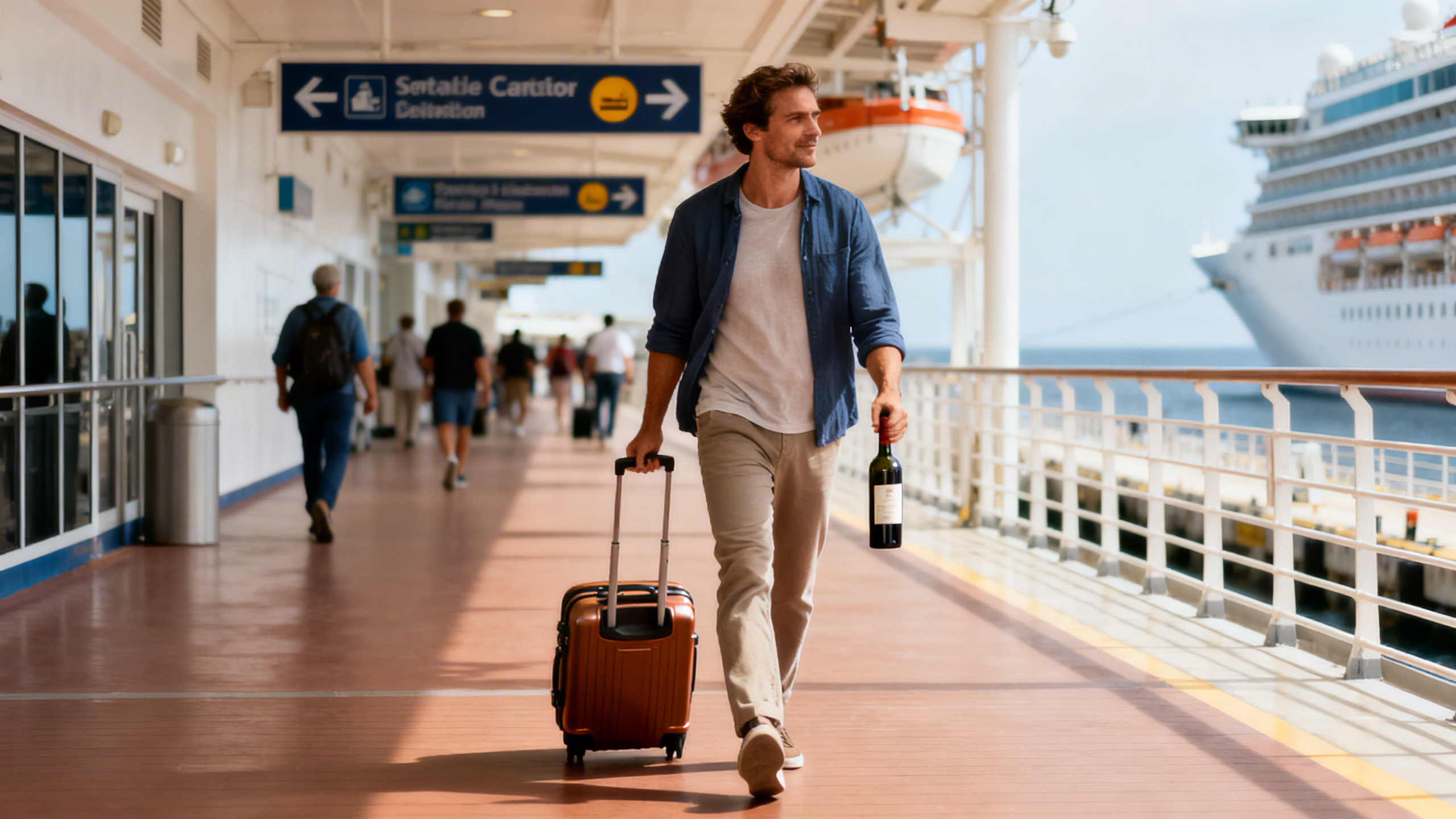 A passenger carrying a small suitcase and a wine bottle along a cruise terminal walkway