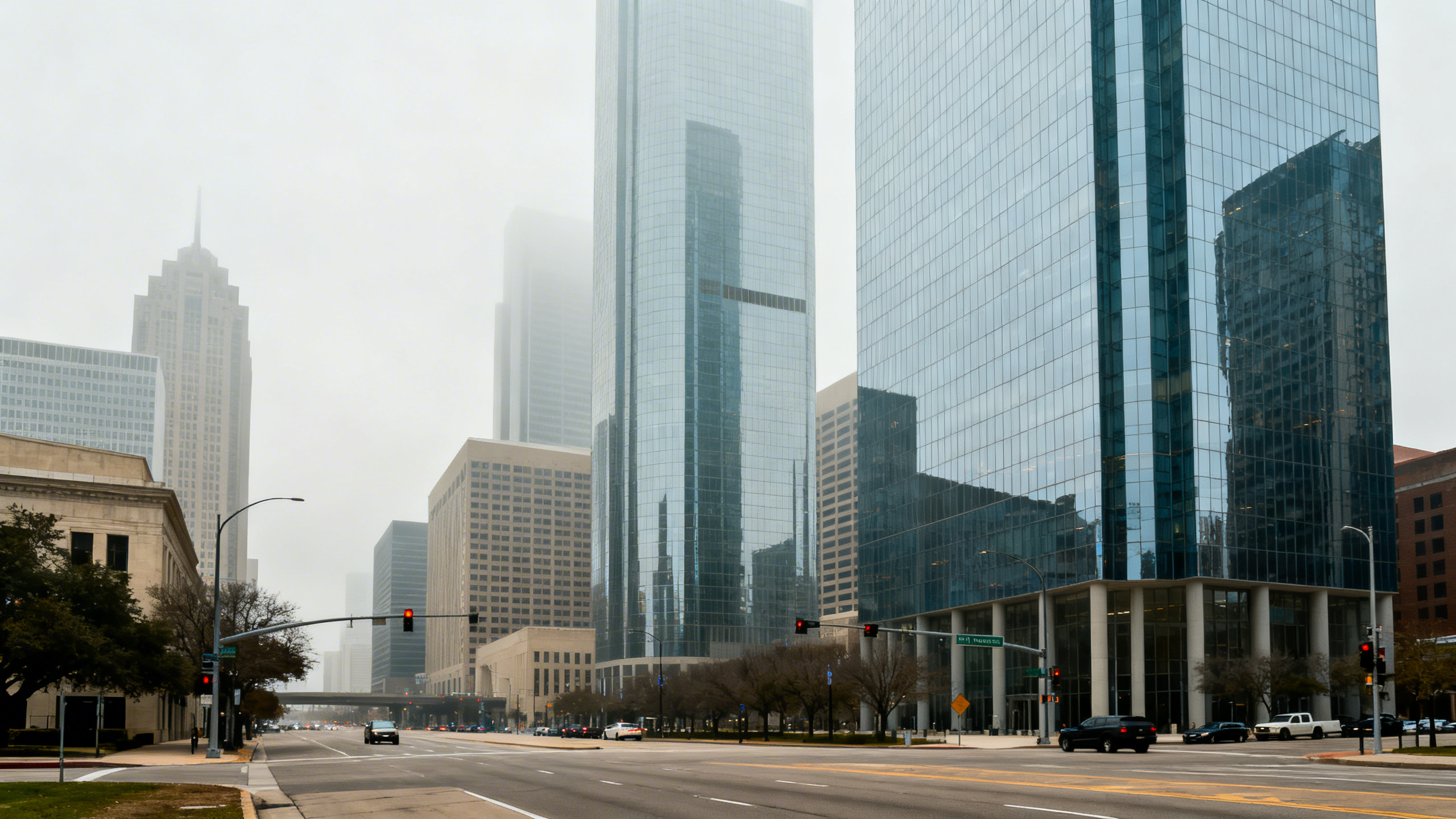 Downtown Houston skyline featuring glass skyscrapers and busy thoroughfares under a hazy afternoon sky.