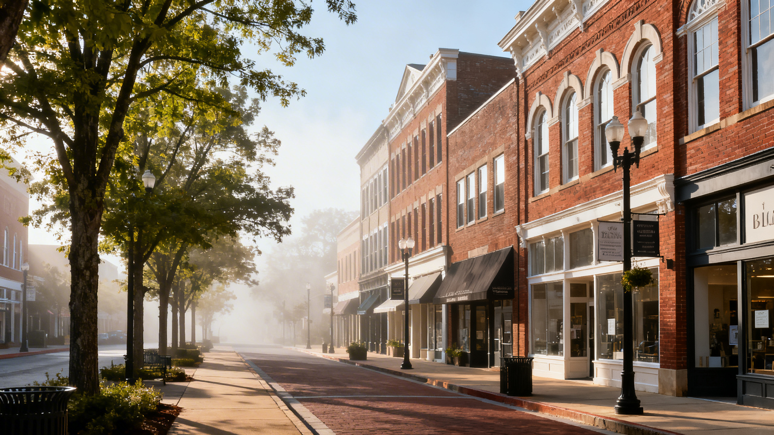 Greenville downtown main street with tree-lined sidewalks, shops, and historic brick buildings on a sunny afternoon