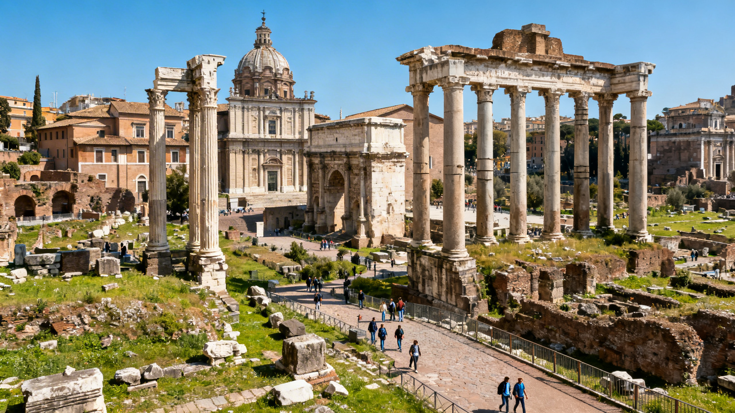 Ruins of the Roman Forum with scattered ancient columns and stone structures under a clear blue sky in central Rome