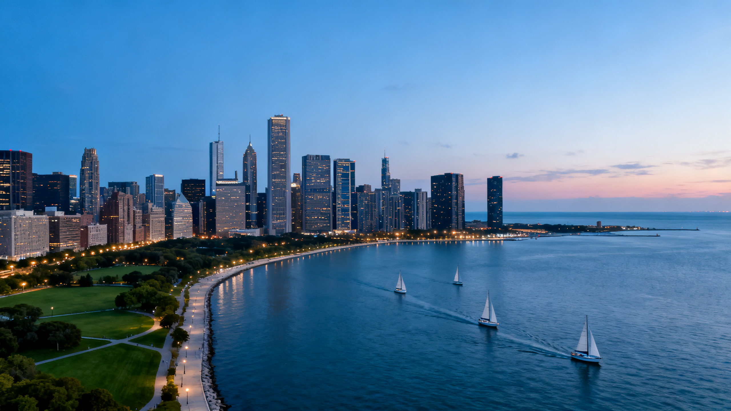 Chicago’s lakefront skyline seen from the edge of Lake Michigan with sailboats and green parks in view