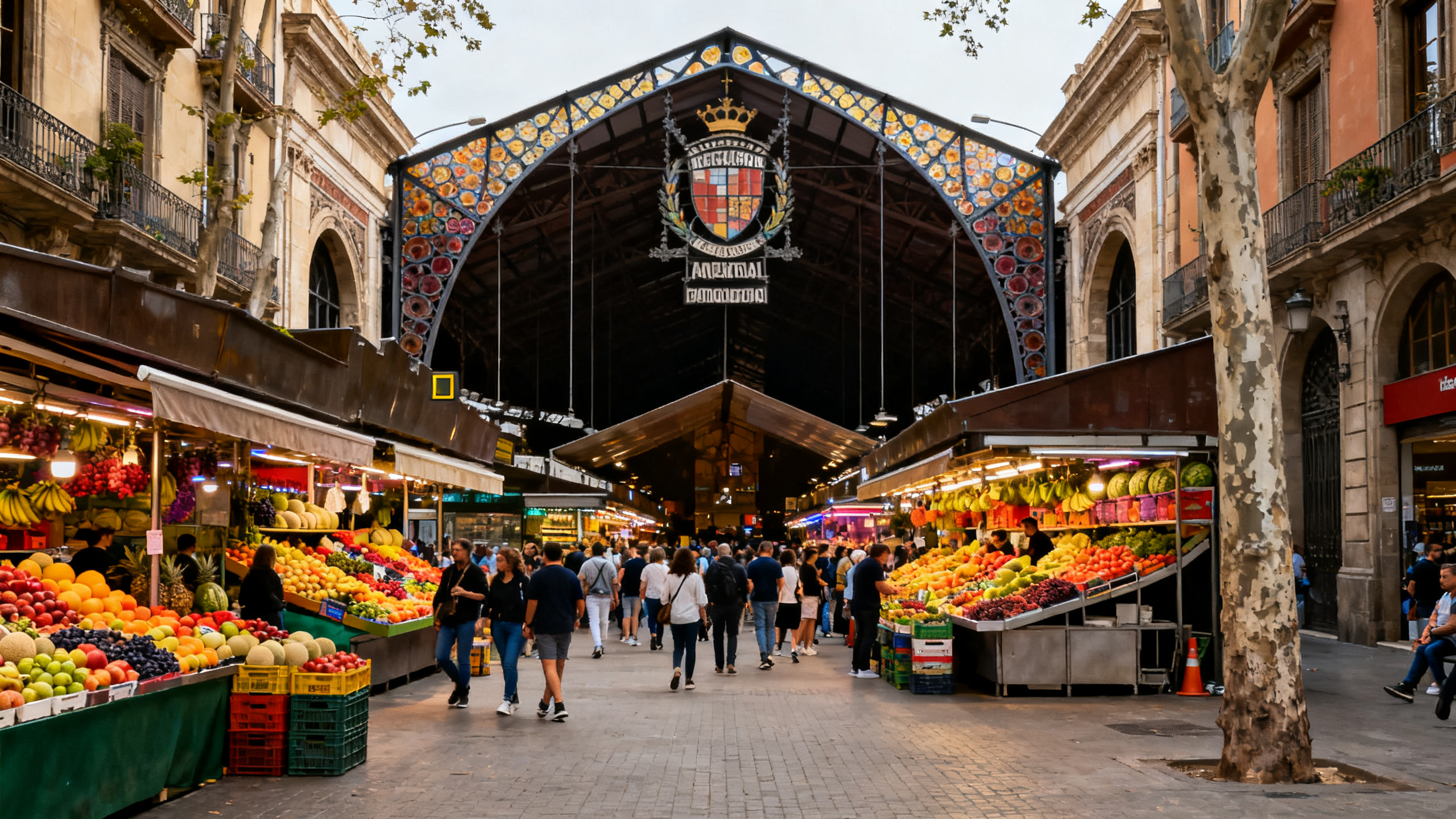 Wide market entrance with colorful fruit stalls and a vibrant crowd framed by historic architecture on La Rambla, Barcelona