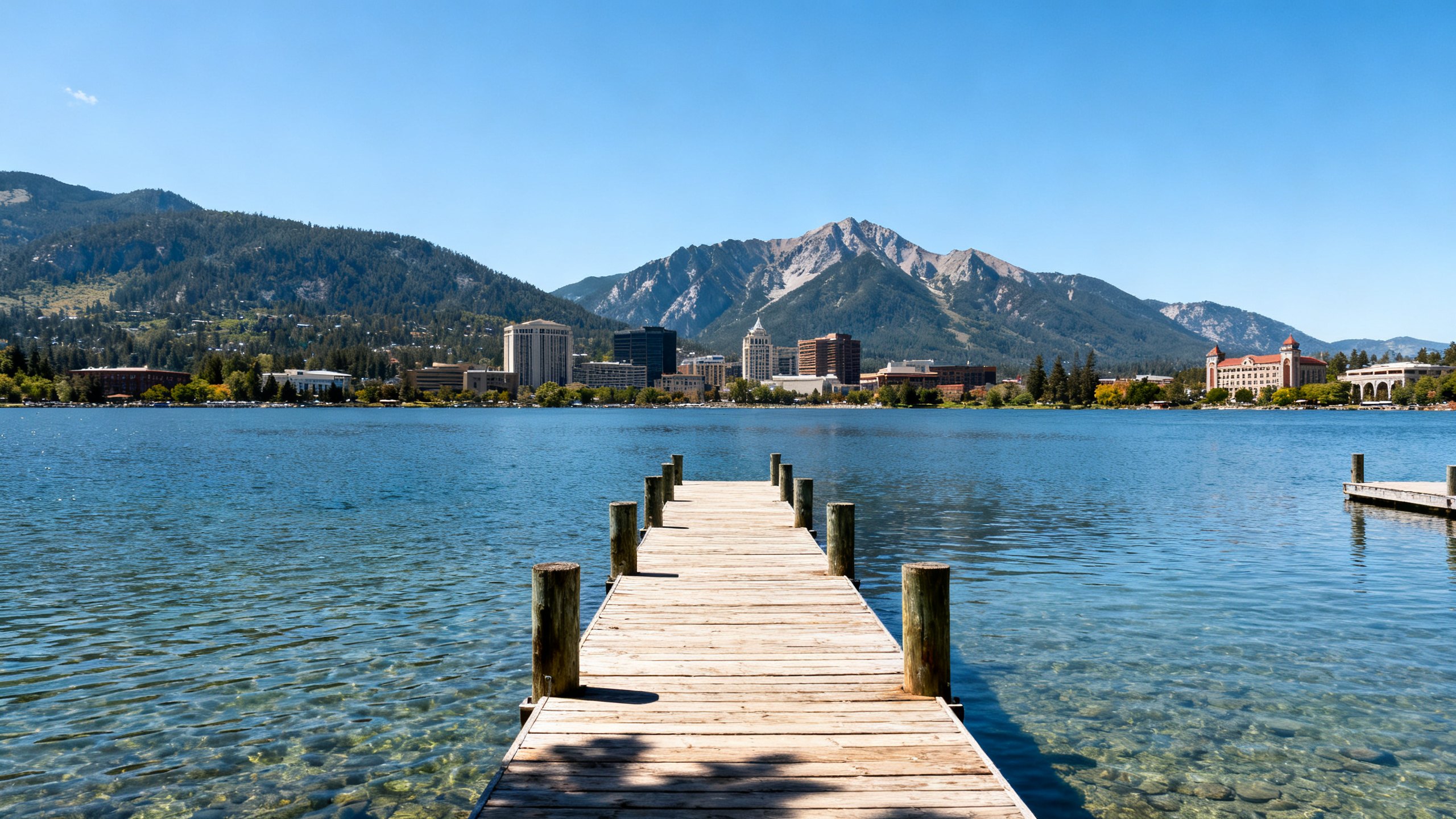 Sunny view of Grand Lake with wooden docks stretching over crystal-clear water, mountain peaks in the background.