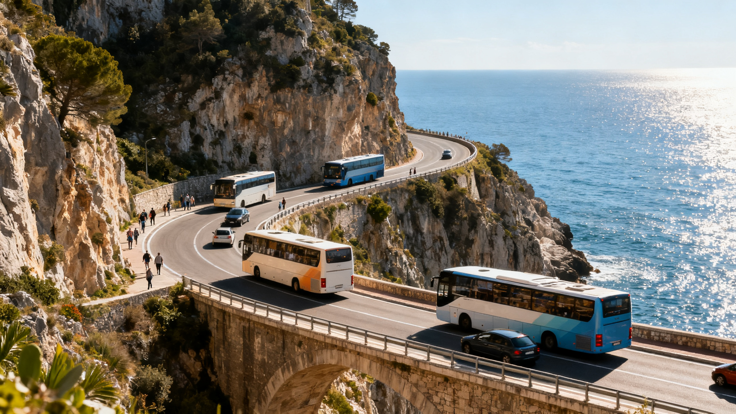 A curving coastal road built into cliffs above the sea, filled with buses and cars under a sunny sky.