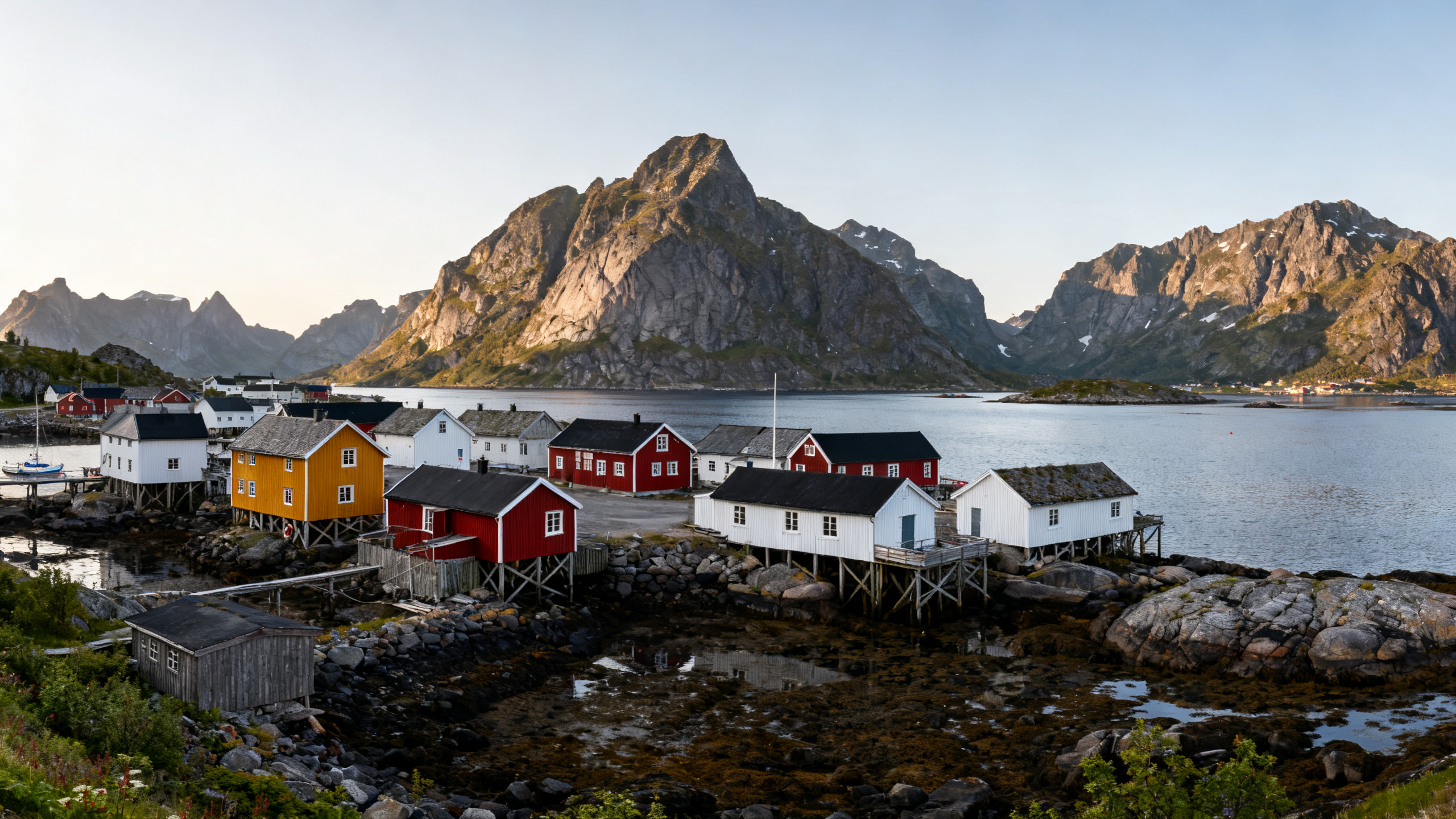 Henningsvær old fishing village colorful wooden houses fjord
