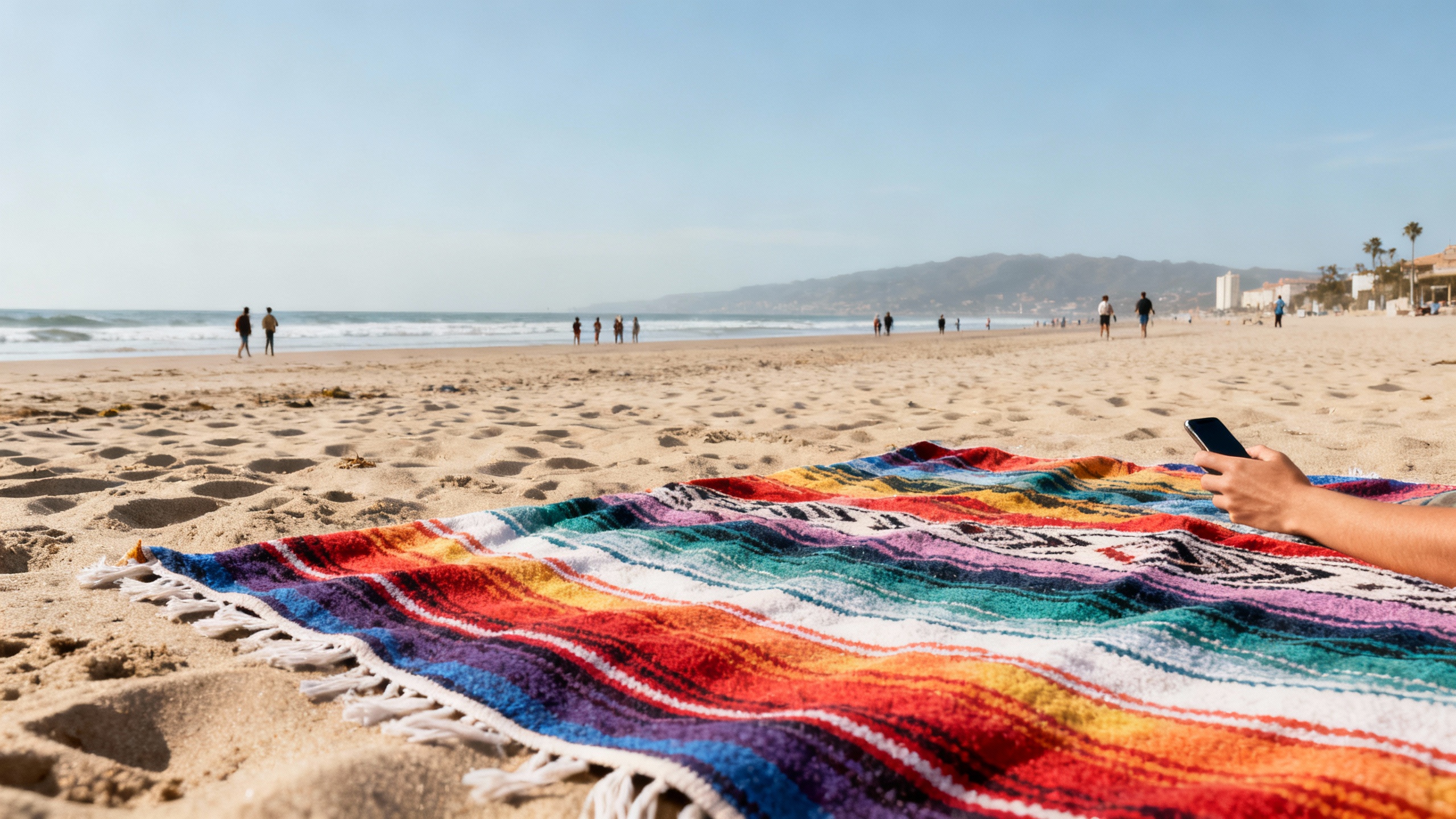colorful beach blanket spread on sand