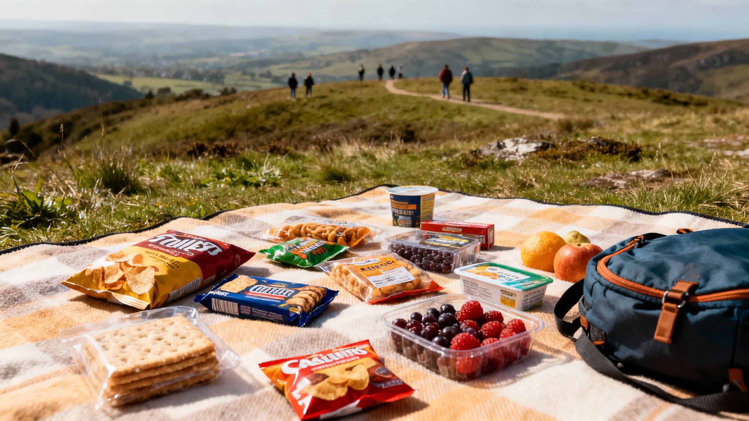 assorted packable snacks on picnic blanket