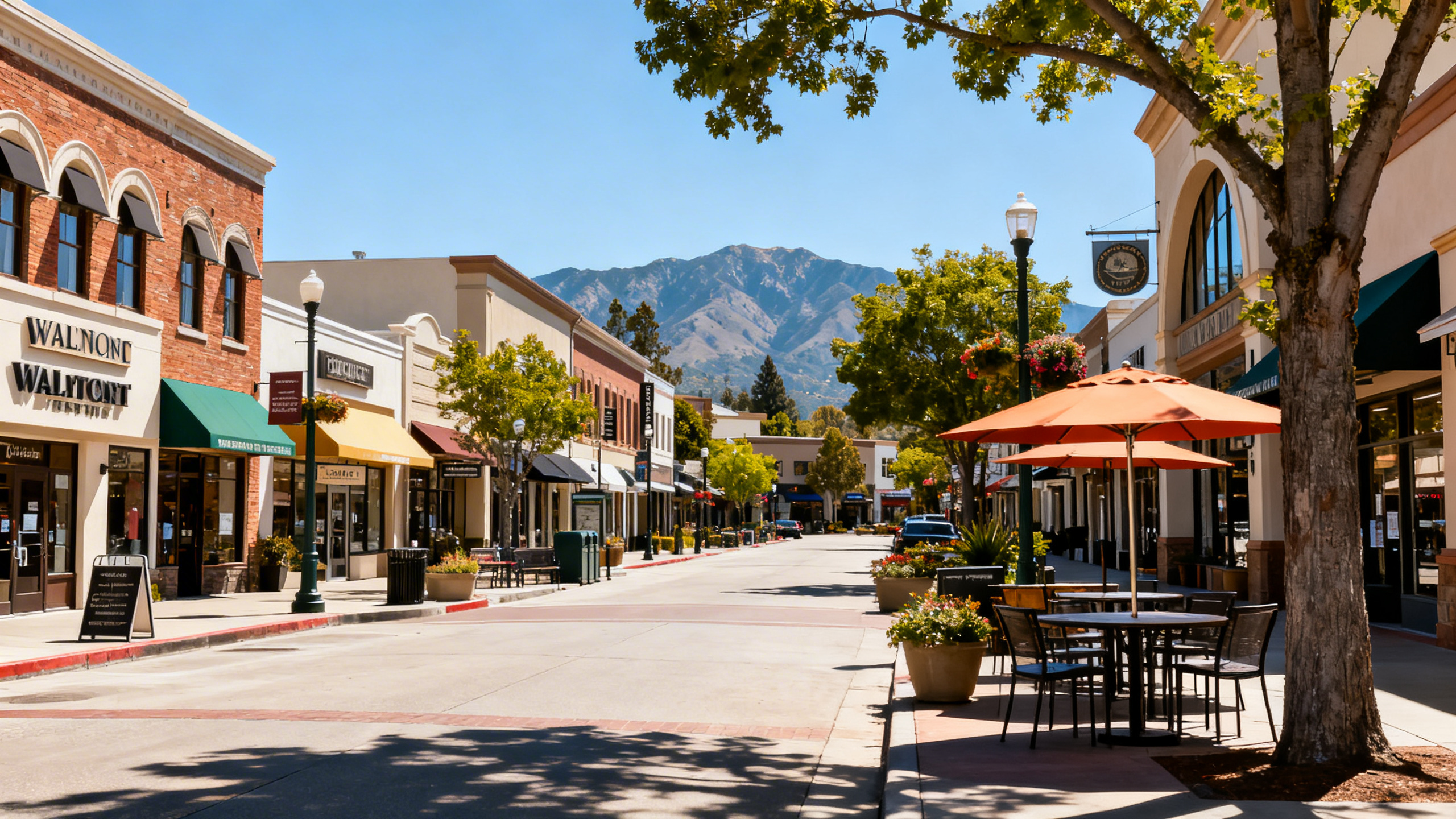Bustling main street with shops, outdoor dining, and mountain views just beyond Walnut Creek, California