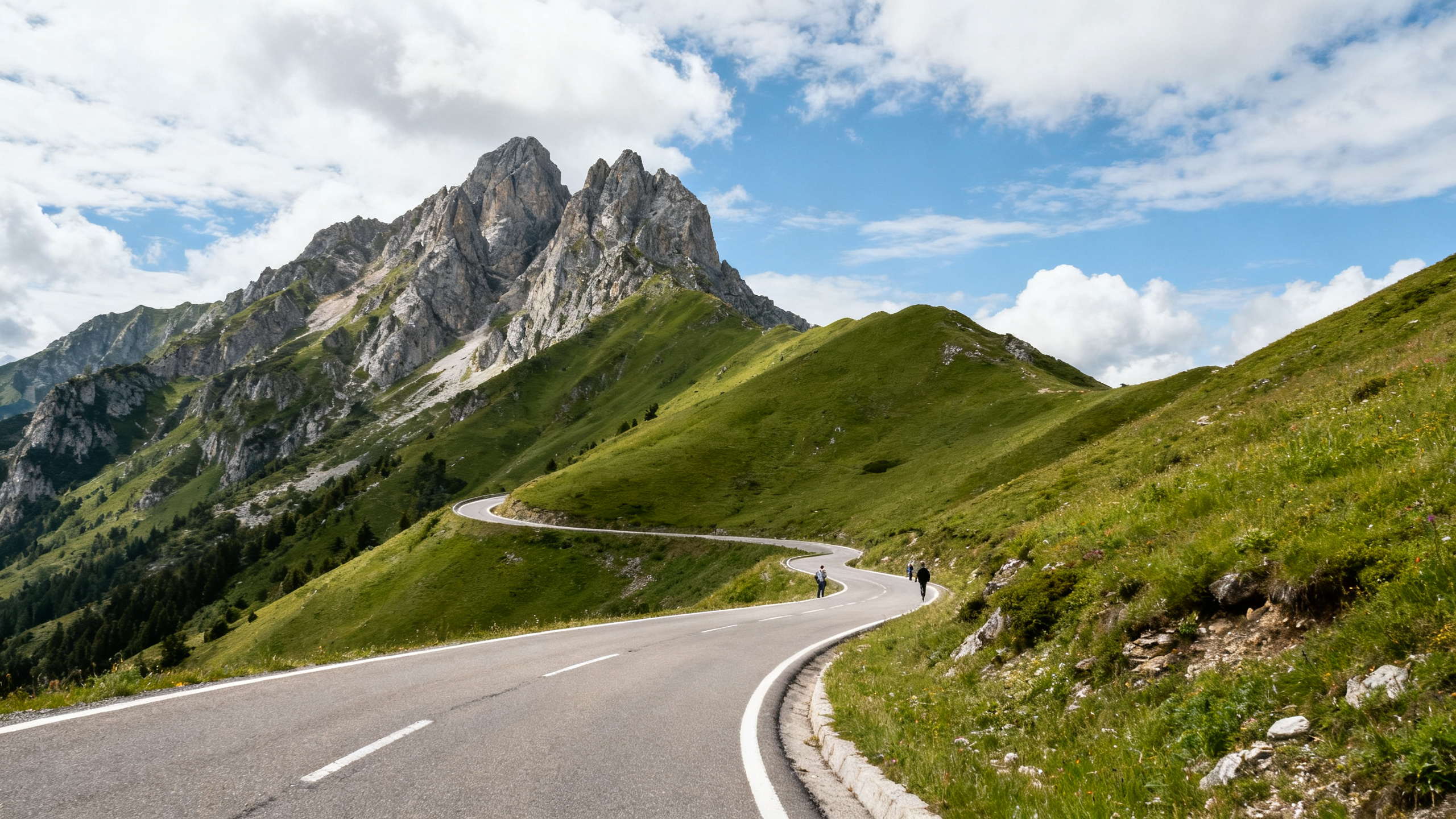A winding mountain road snakes past green hillsides with rocky peaks towering under partly cloudy skies.