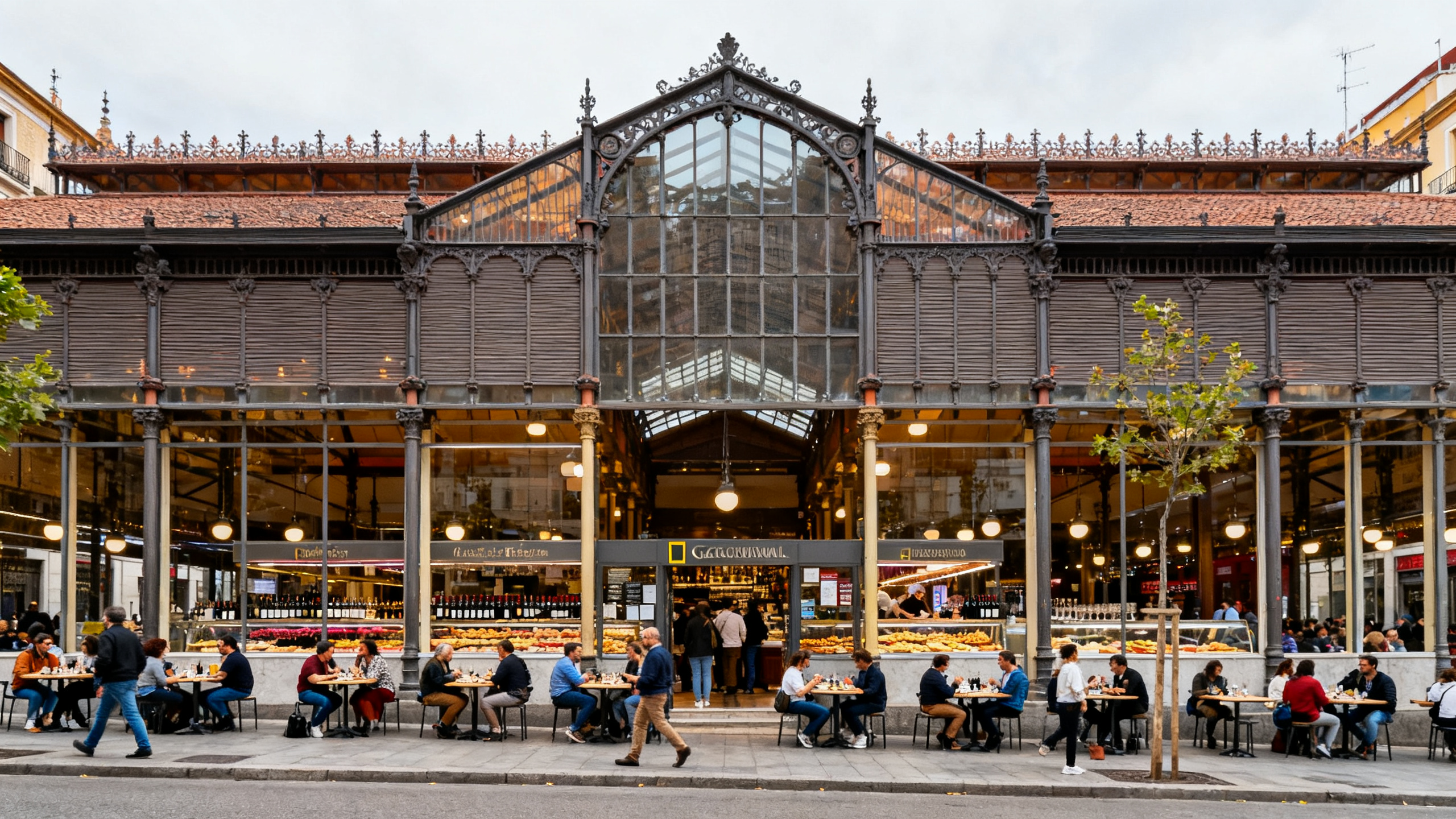 Historic iron-and-glass market building bustling with locals and tourists enjoying tapas and wine in Madrid