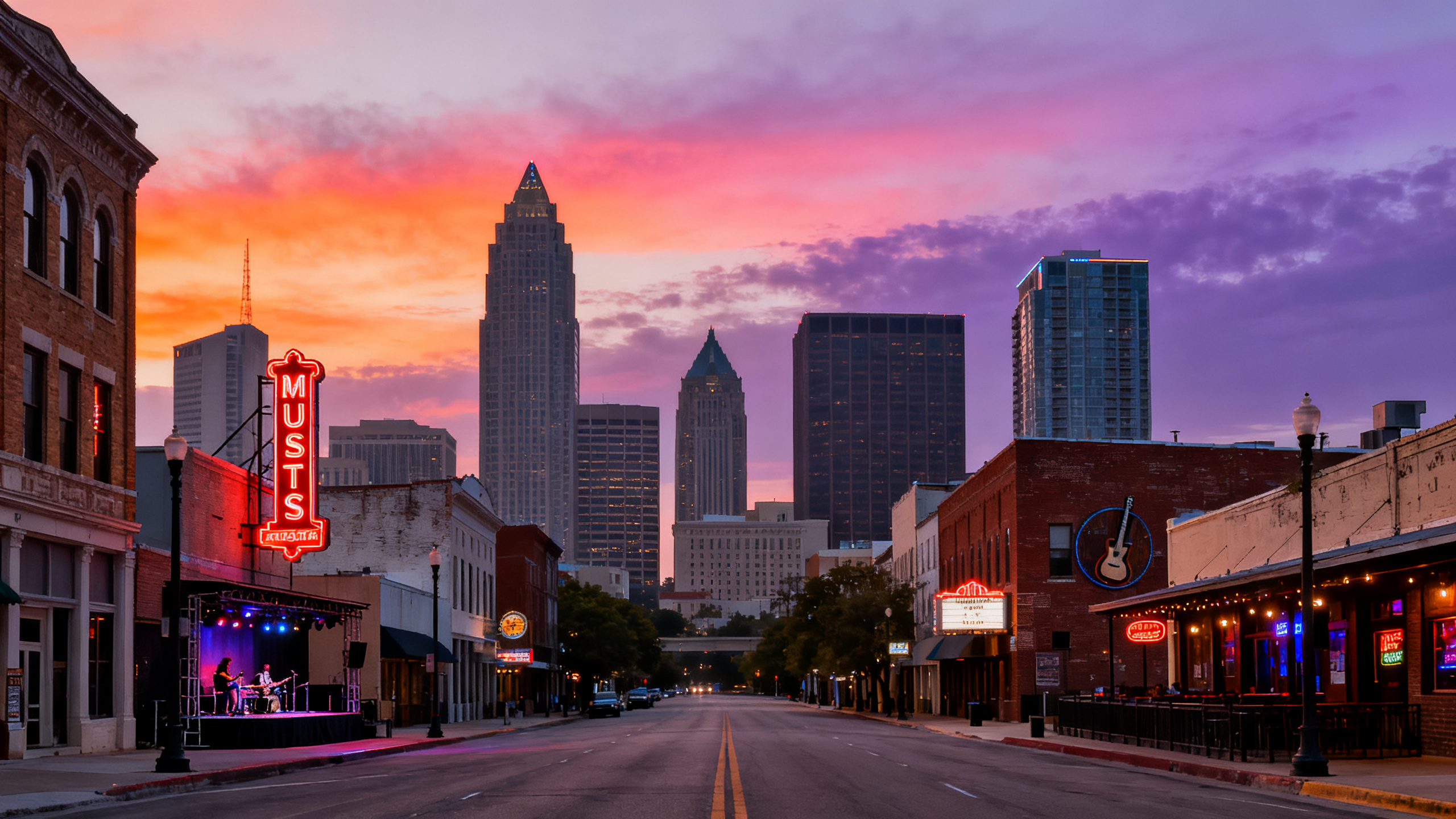 Downtown Austin skyline at sunset with colorful skies and busy streets lined with live music venues
