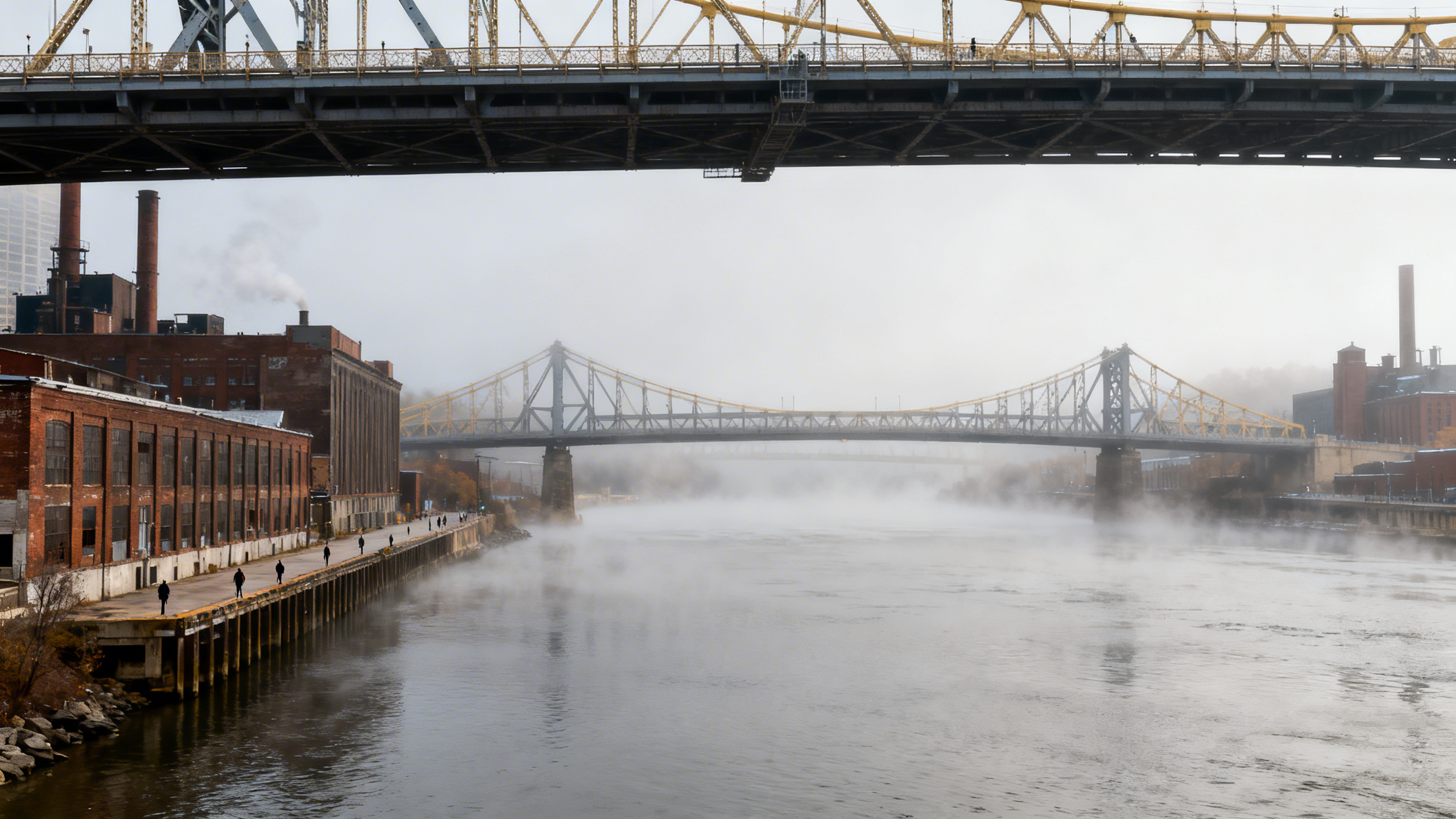 Steel bridges span a foggy river flanked by warehouses and old factories in Pittsburgh’s gritty South Side