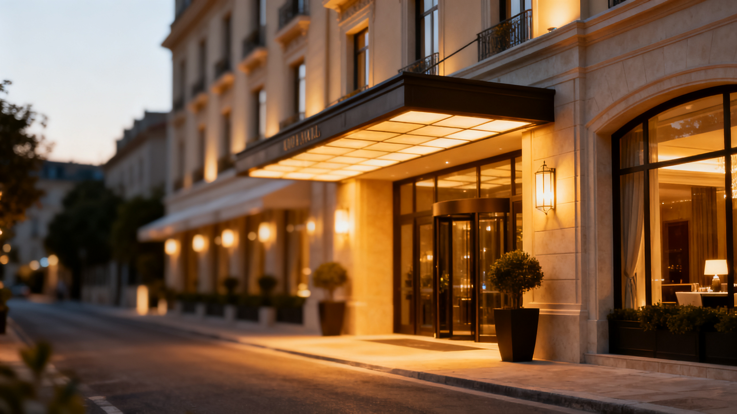 Evening exterior of a luxury hotel with warm light spilling onto a quiet street.