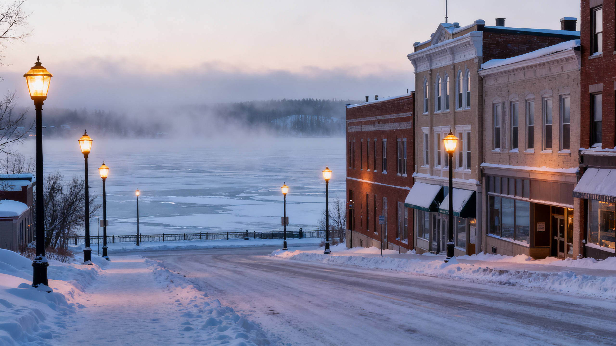 Snow-covered streets and the frozen waters of Portage Lake with vintage lamp posts glowing at dusk in Houghton.