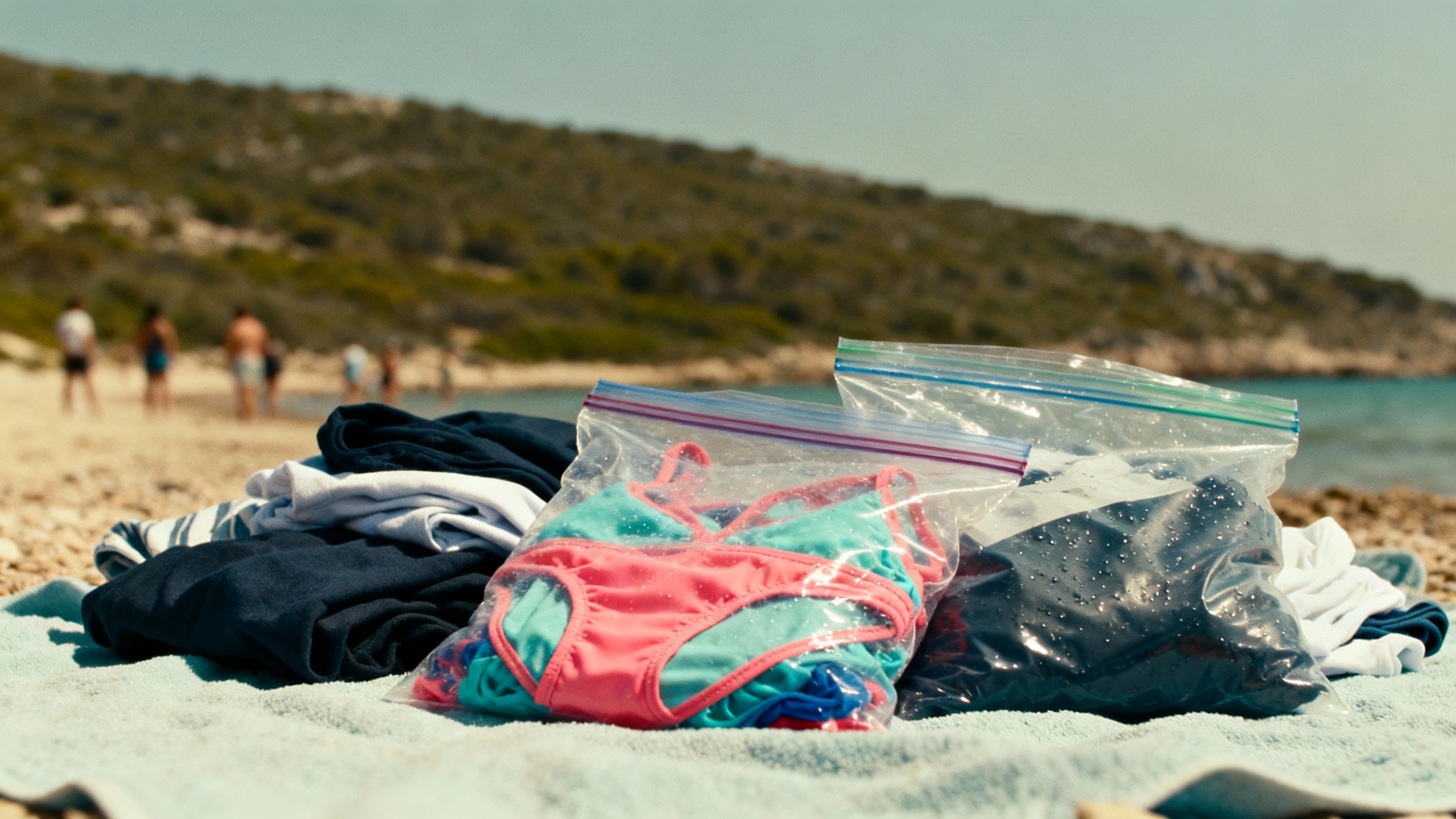 ziplock bags with wet swimwear and dry clothes