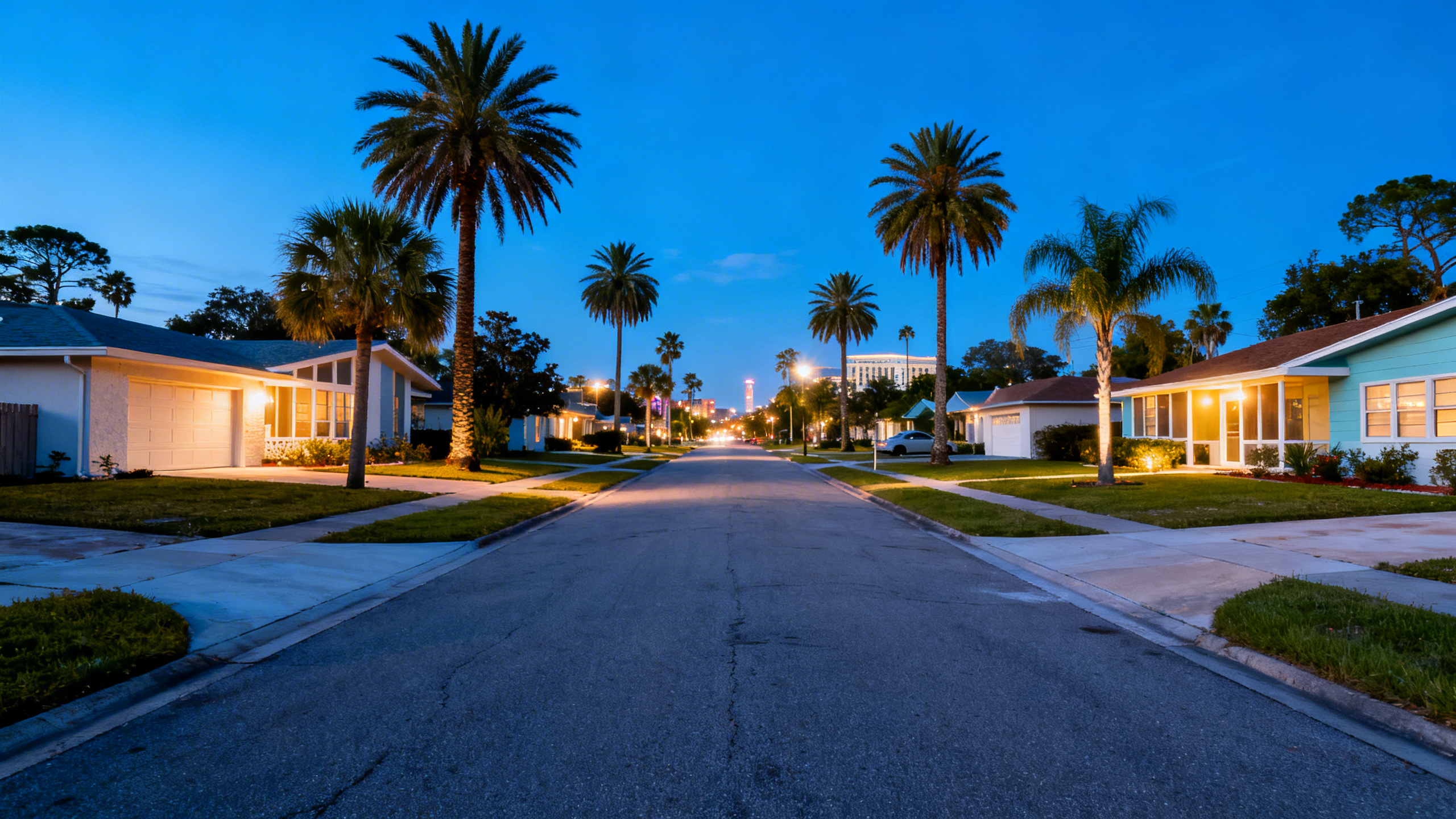 A wide street view showing mid-century homes and palm trees lining residential neighborhoods in Orlando under a bright blue sky.