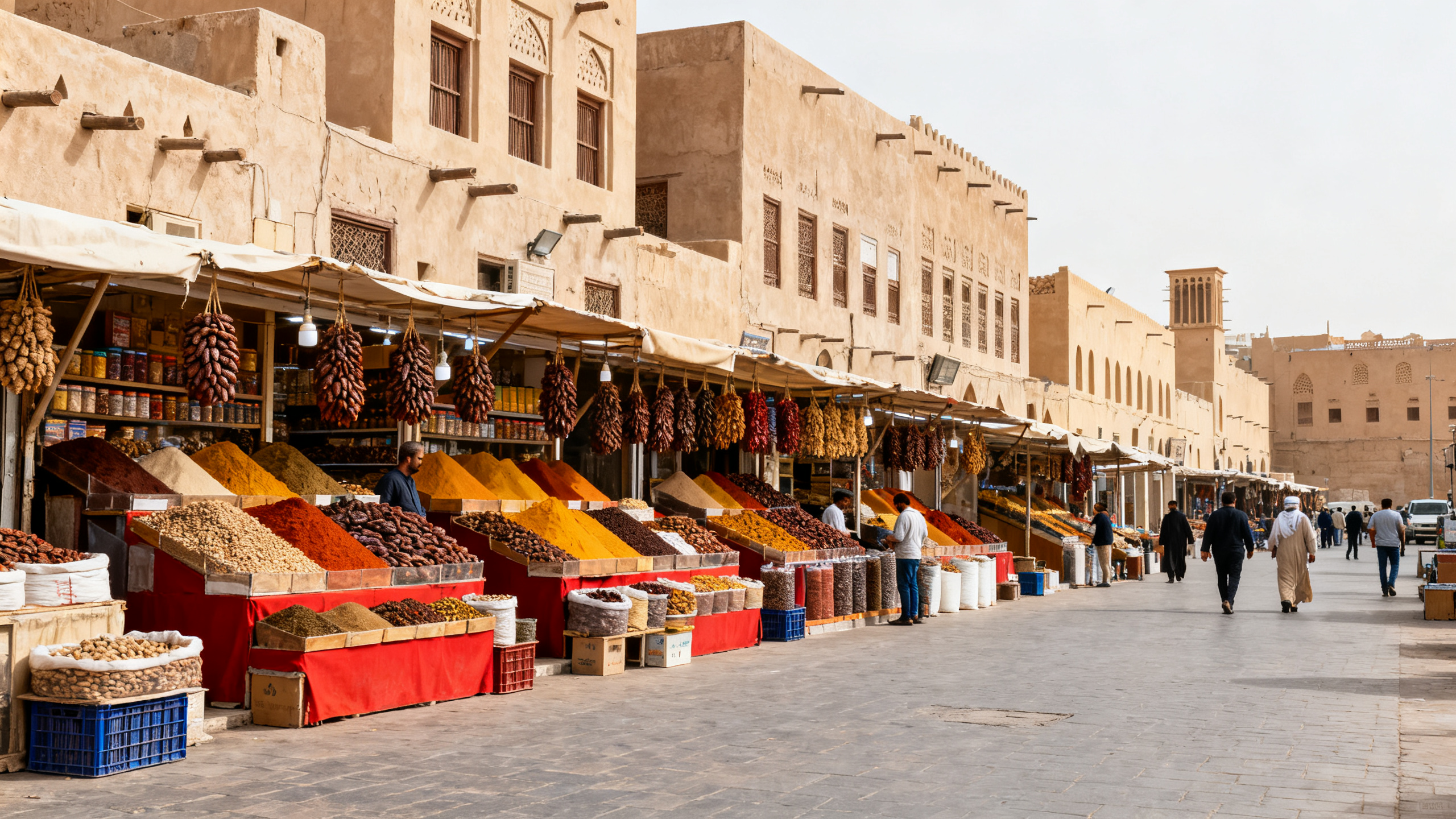 Historic open-air market with vibrant stalls selling spices and dates amid traditional Saudi architecture in Riyadh