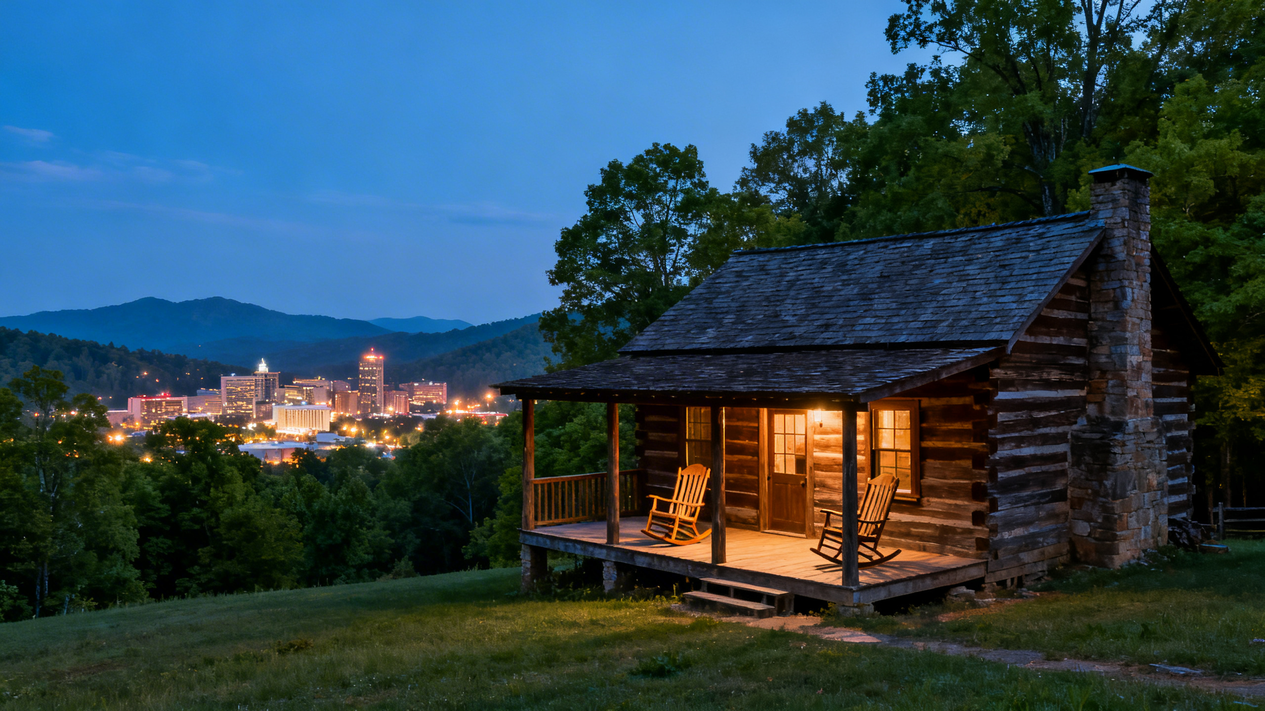 Rustic cabin with a rocking chair porch surrounded by lush green trees near the Smoky Mountains.