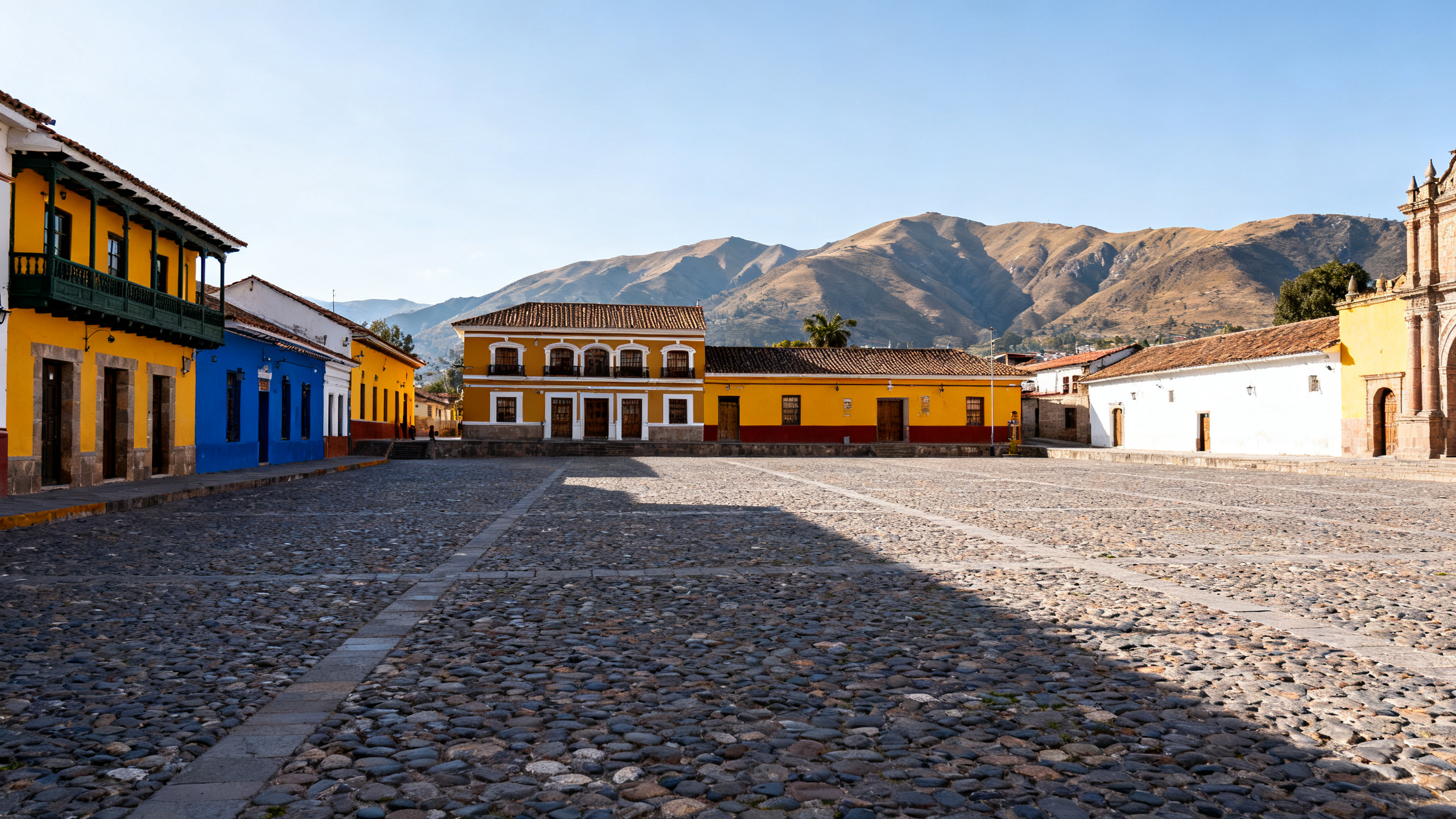 Cobblestone plaza surrounded by colonial-era buildings with bright facades and highland mountains in the distance under a clear sky