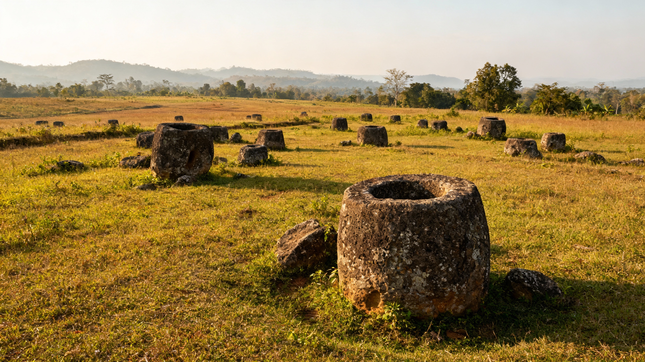 Plain of Jars Laos ancient stone jars in field