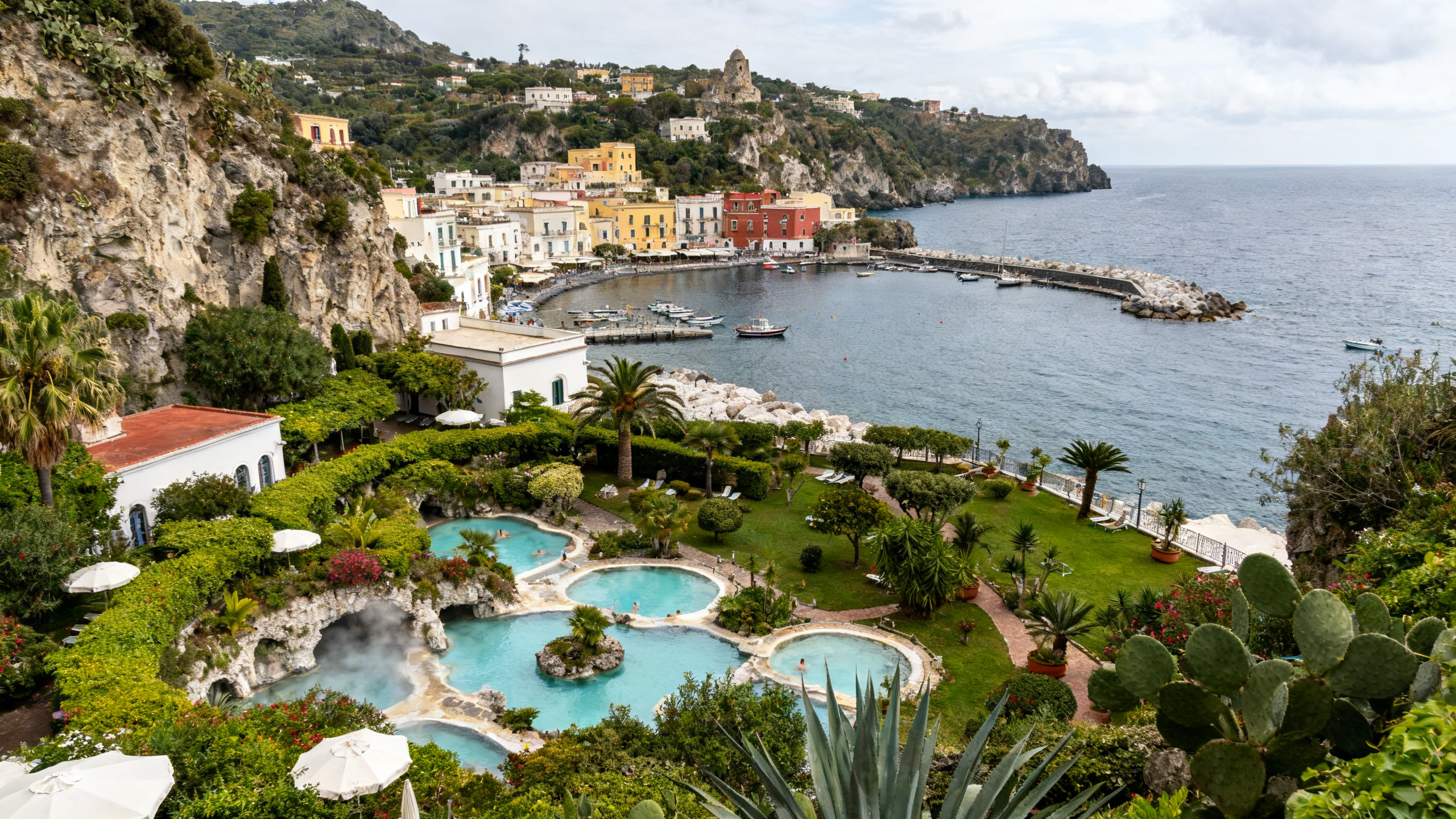 Thermal springs resorts and lush gardens overlook rugged coastline with small harbors and colorful buildings on Italian island of Ischia