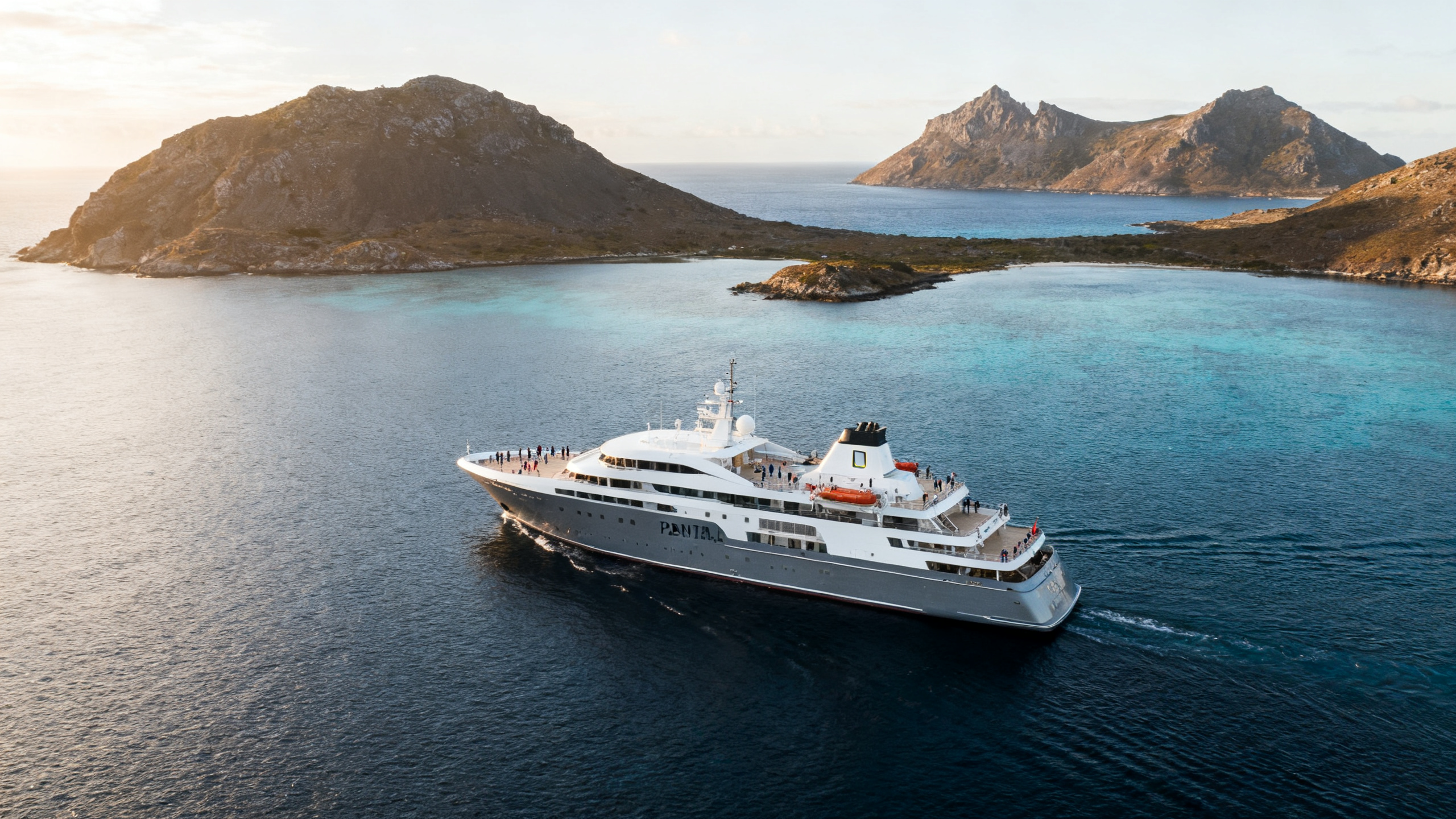 A sleek Ponant cruise ship navigating calm seas near remote islands with rugged coastlines and clear blue waters, under soft morning light.