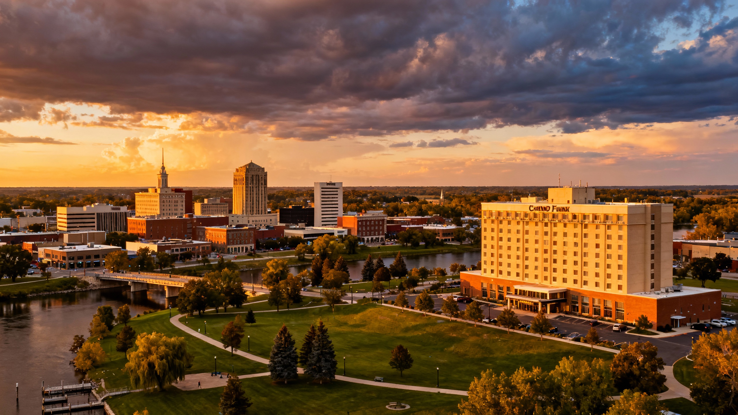 Grand Forks, North Dakota open skies and hotel exterior