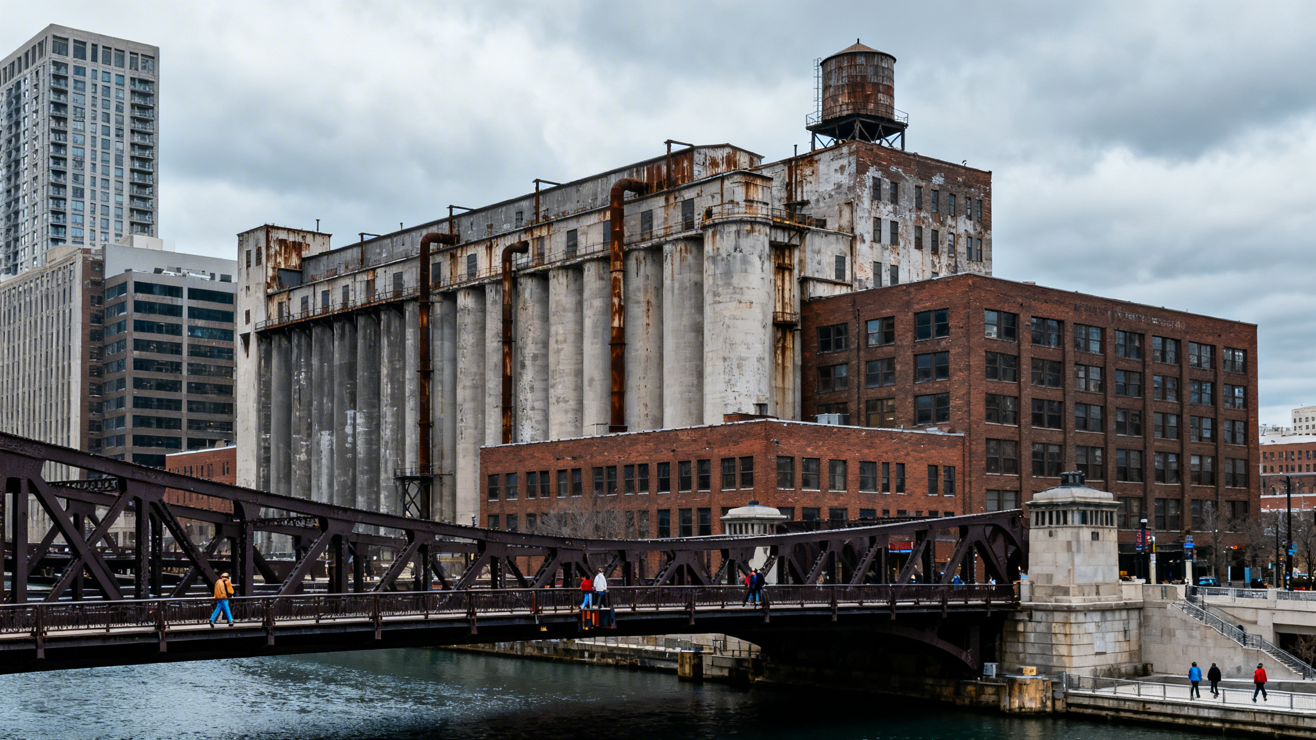 A gritty industrial riverside with historic factory buildings and steel bridges on a cloudy day in Chicago