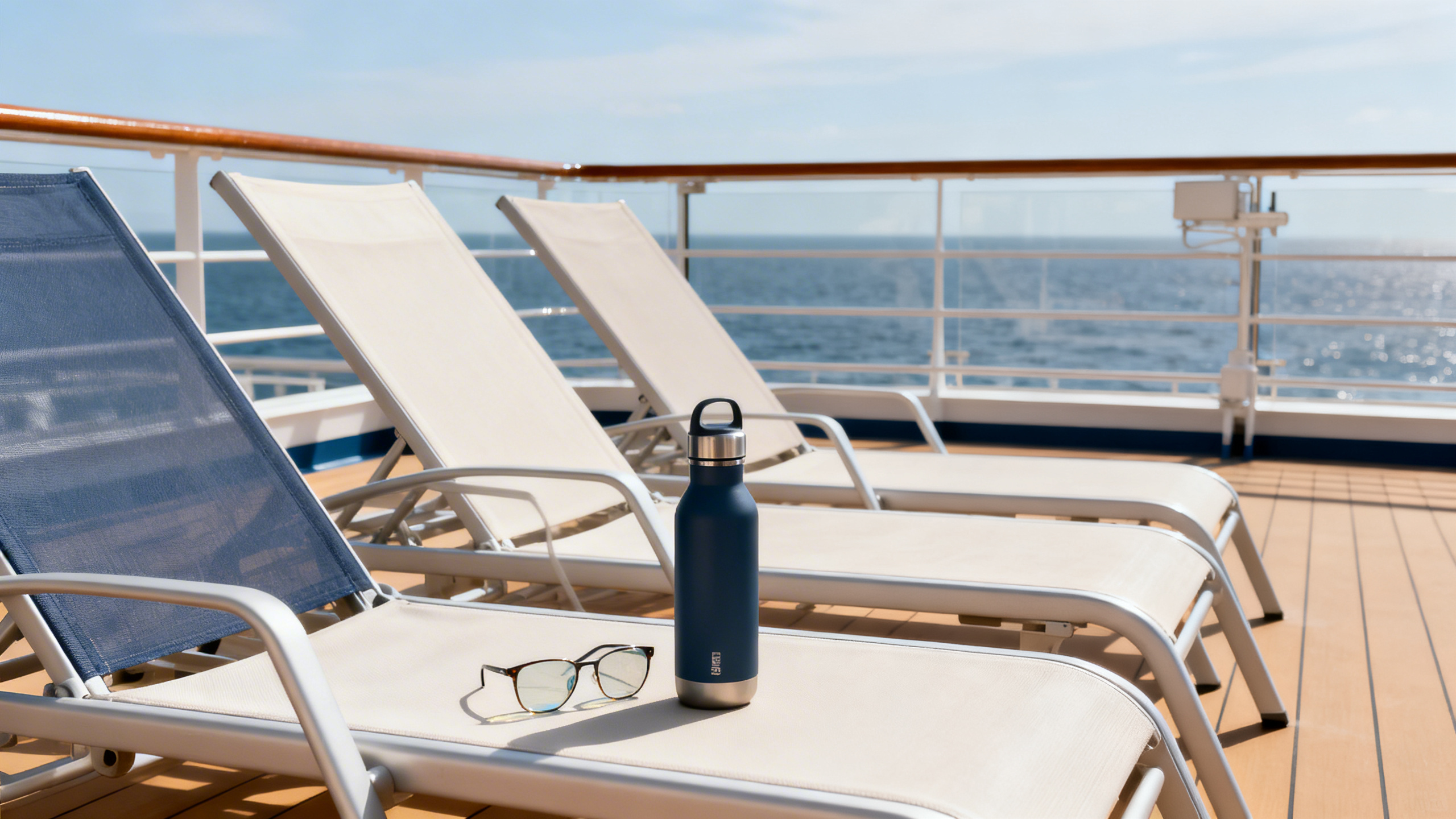 Cruise ship outdoor deck with glasses and a reusable water bottle next to sun loungers